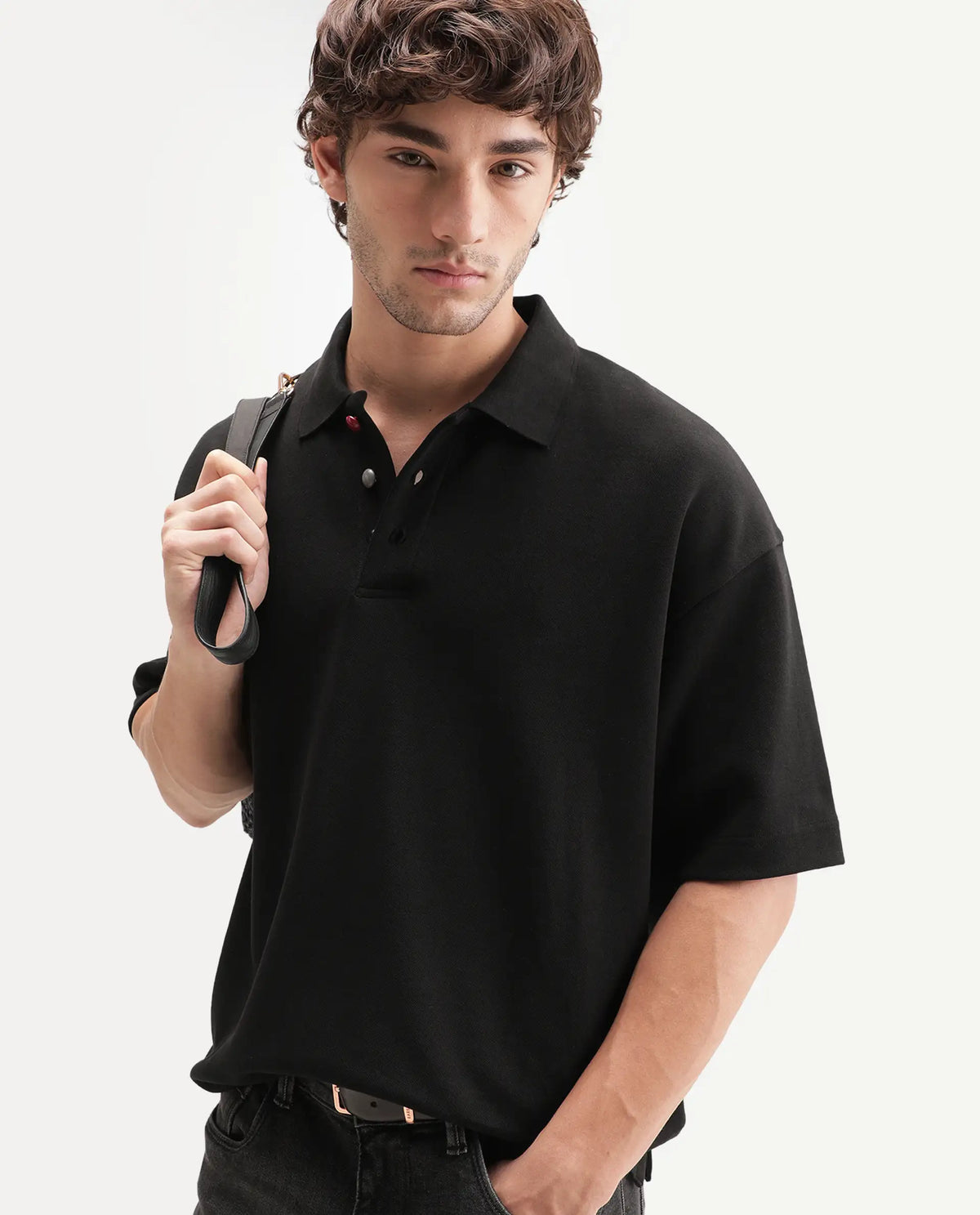 Rare Rabbit Men's Kenq Black Cotton Blend Spread Collar Regular Plain Polo