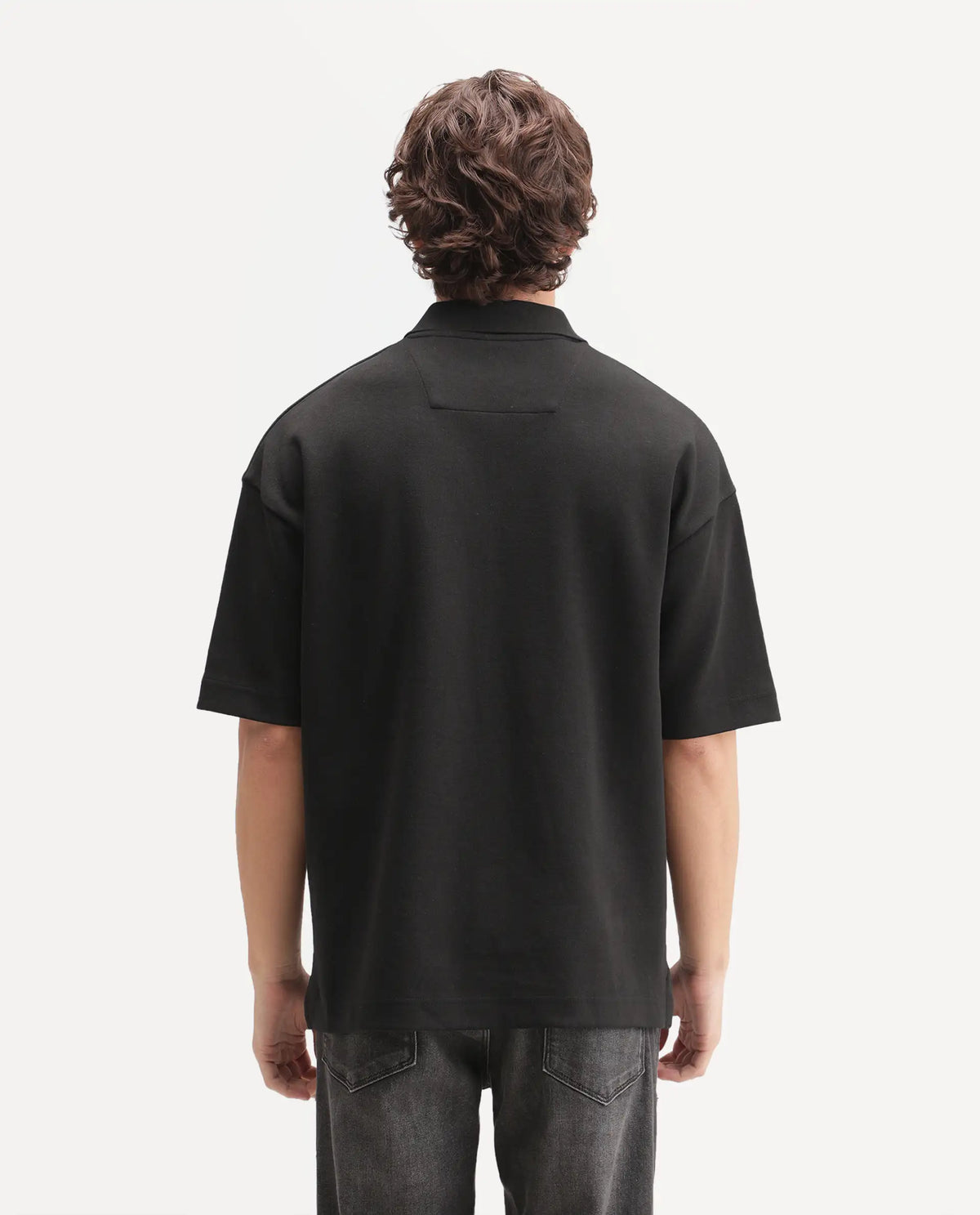 Rare Rabbit Men's Kenq Black Cotton Blend Spread Collar Regular Plain Polo