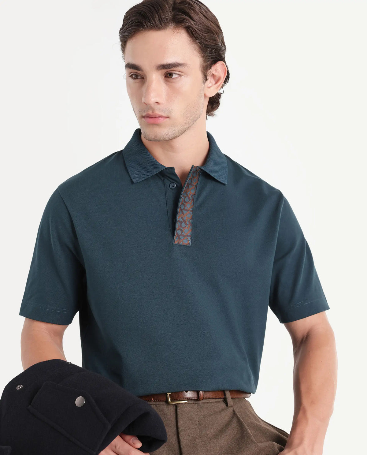 Rare Rabbit Men's Hin-A26 Dark Teal Cotton Blend Spread Collar Regular Plain Polo