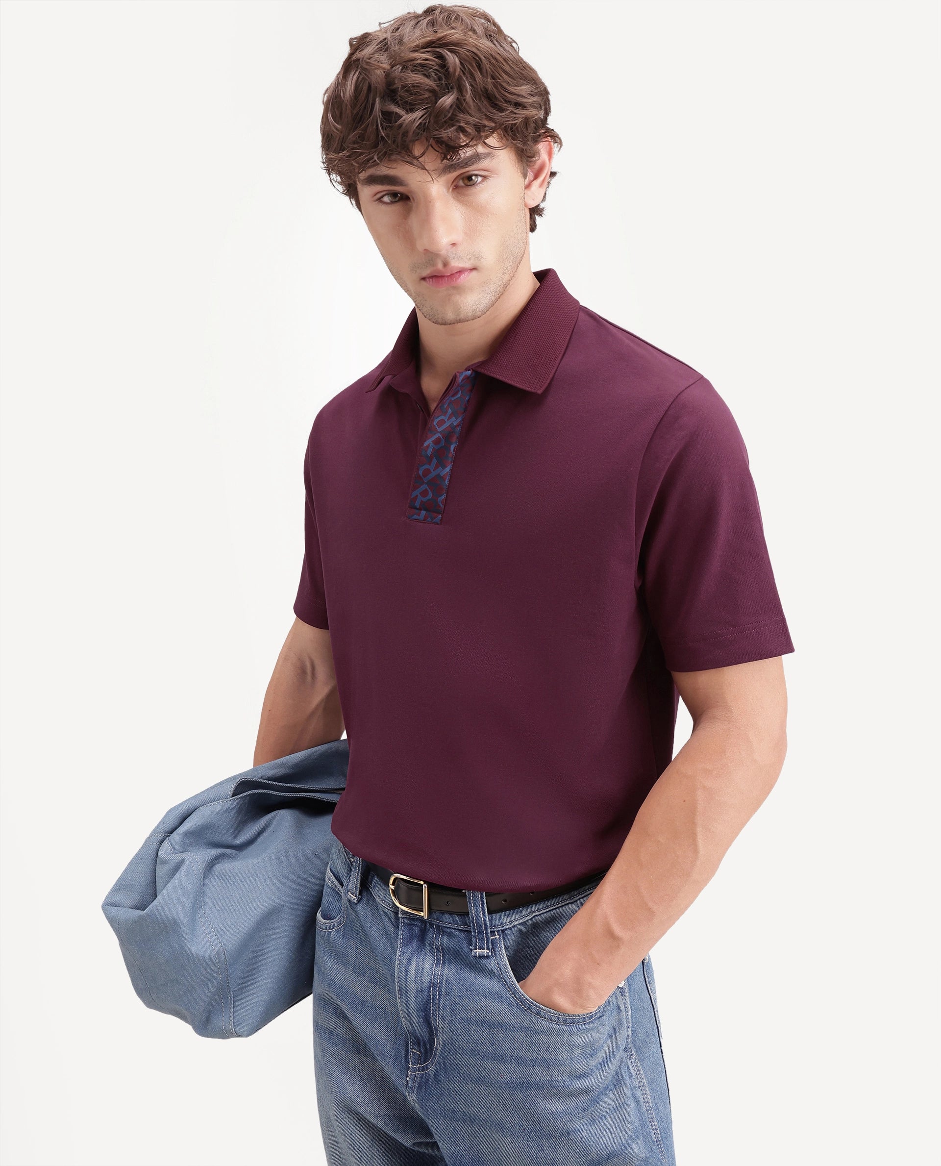 Rare Rabbit Men's Hin-A26 Dark Red Cotton Blend Spread Collar Regular Plain Polo