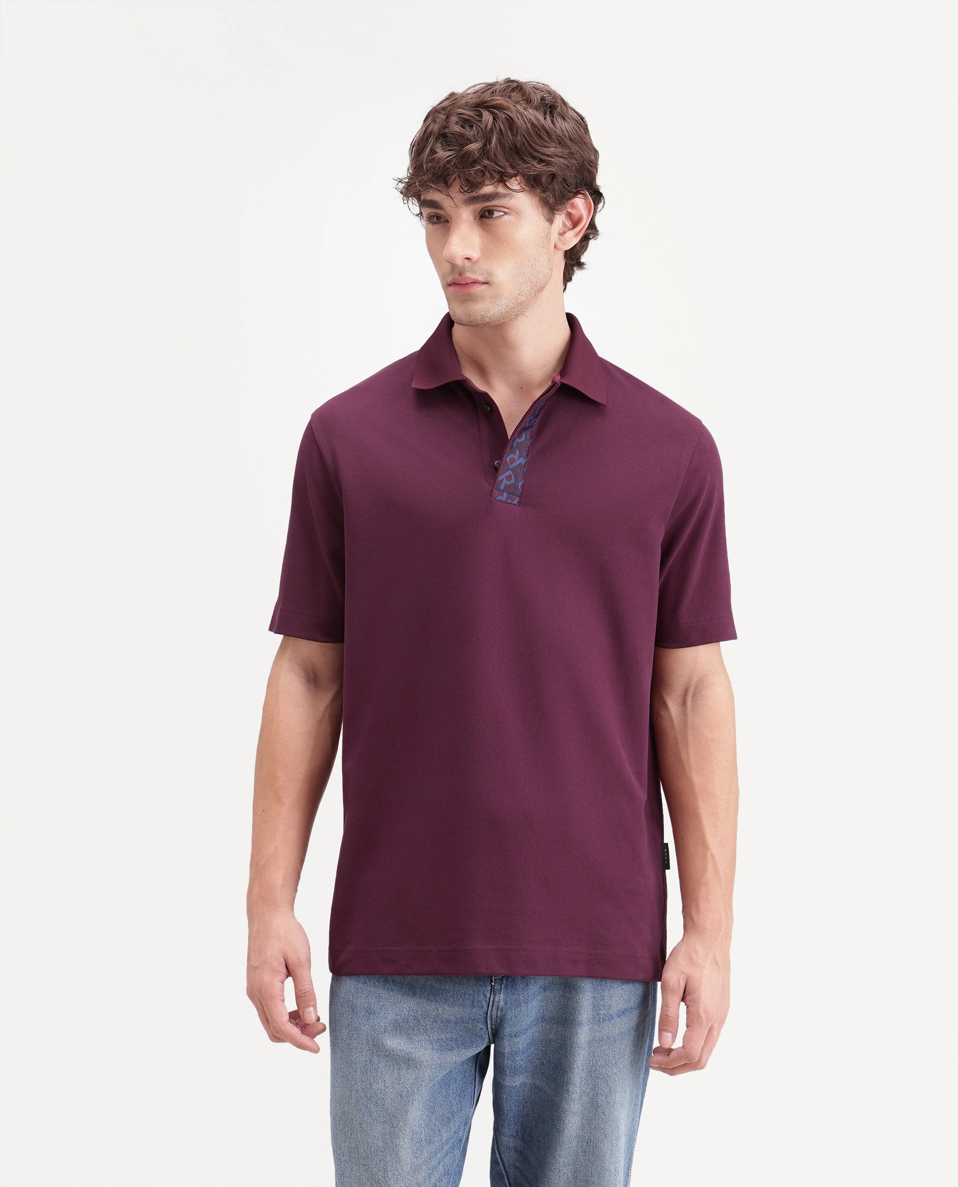 Rare Rabbit Men's Hin-A26 Dark Red Cotton Blend Spread Collar Regular Plain Polo