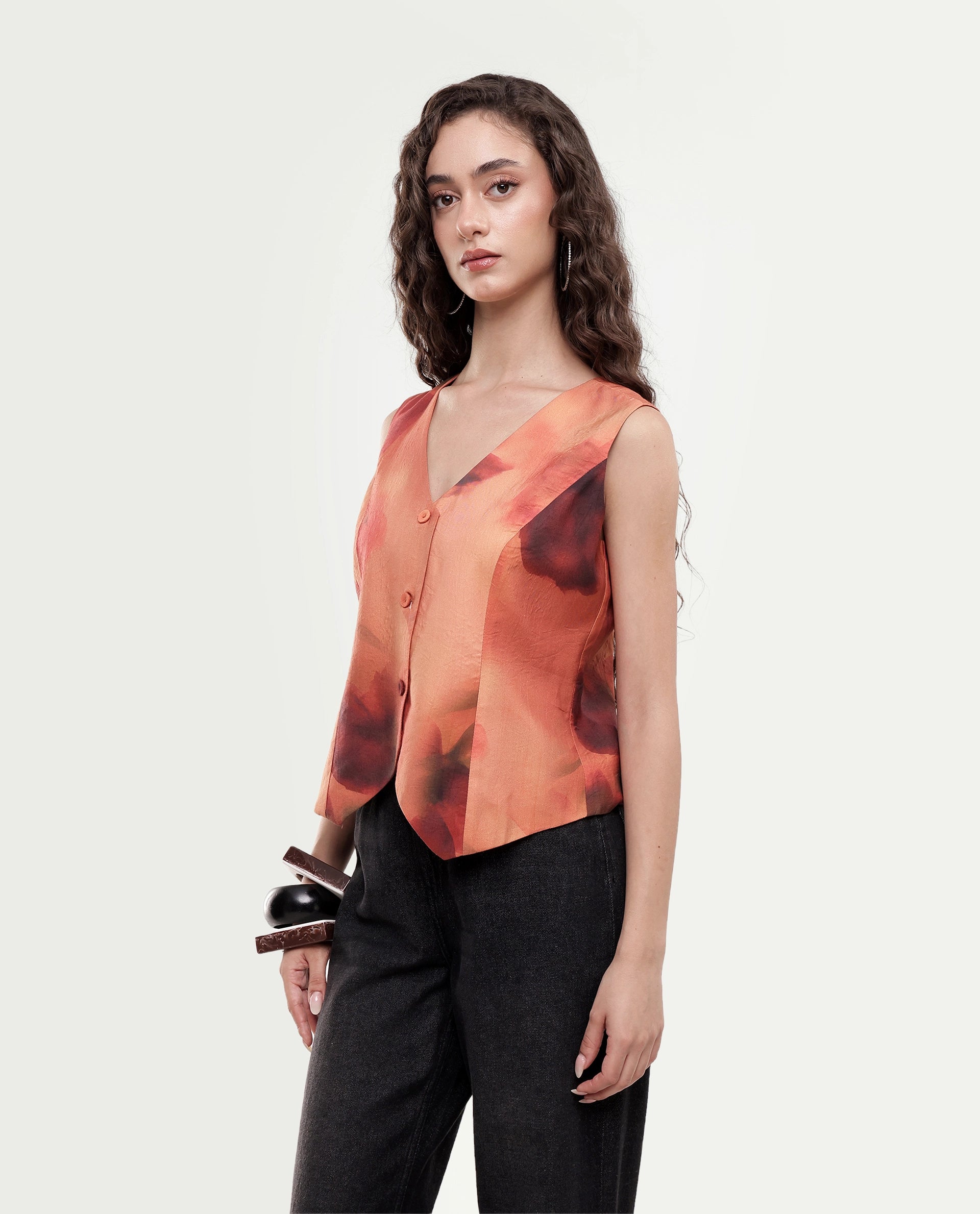 Rareism Women's Glyn-T Rust Polyester Blend Button Regular Fit Waist Coat