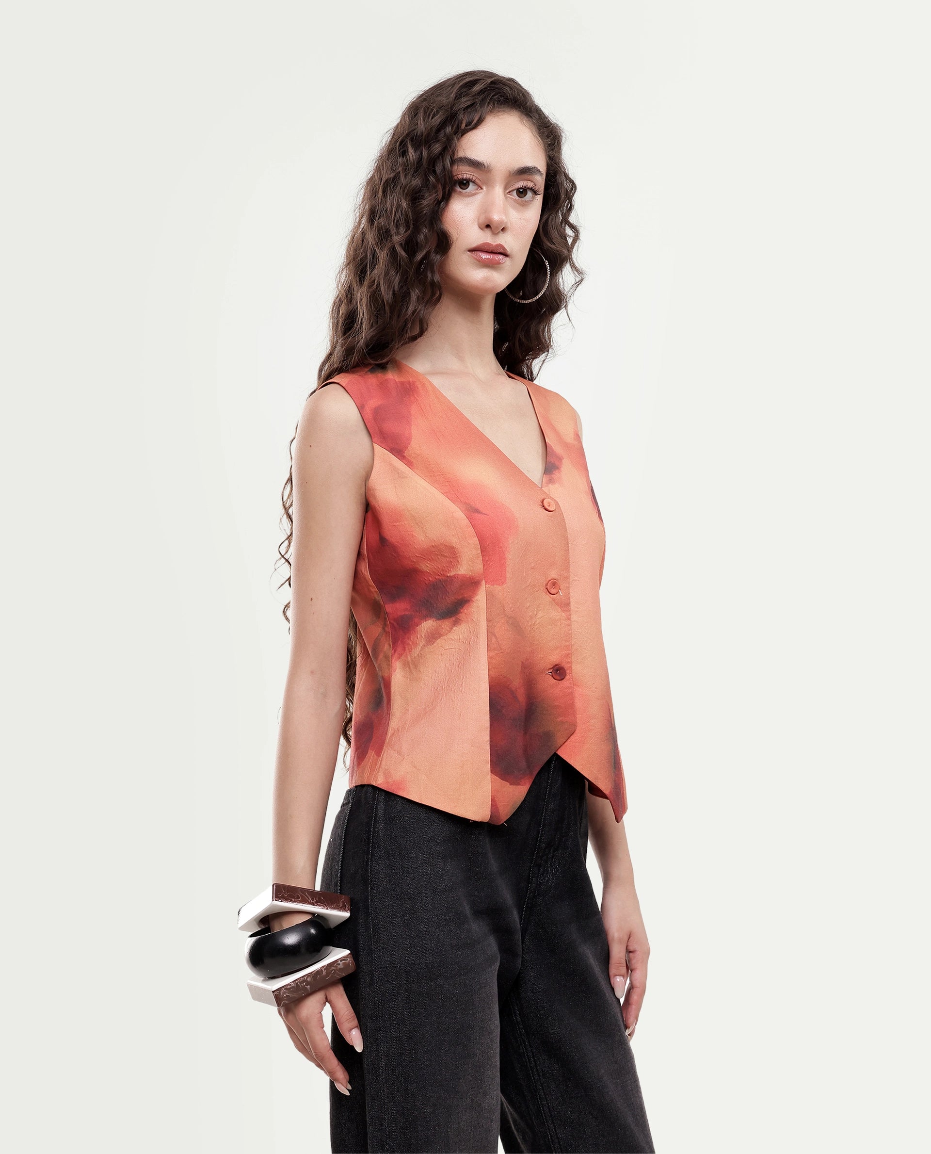 Rareism Women's Glyn-T Rust Polyester Blend Button Regular Fit Waist Coat