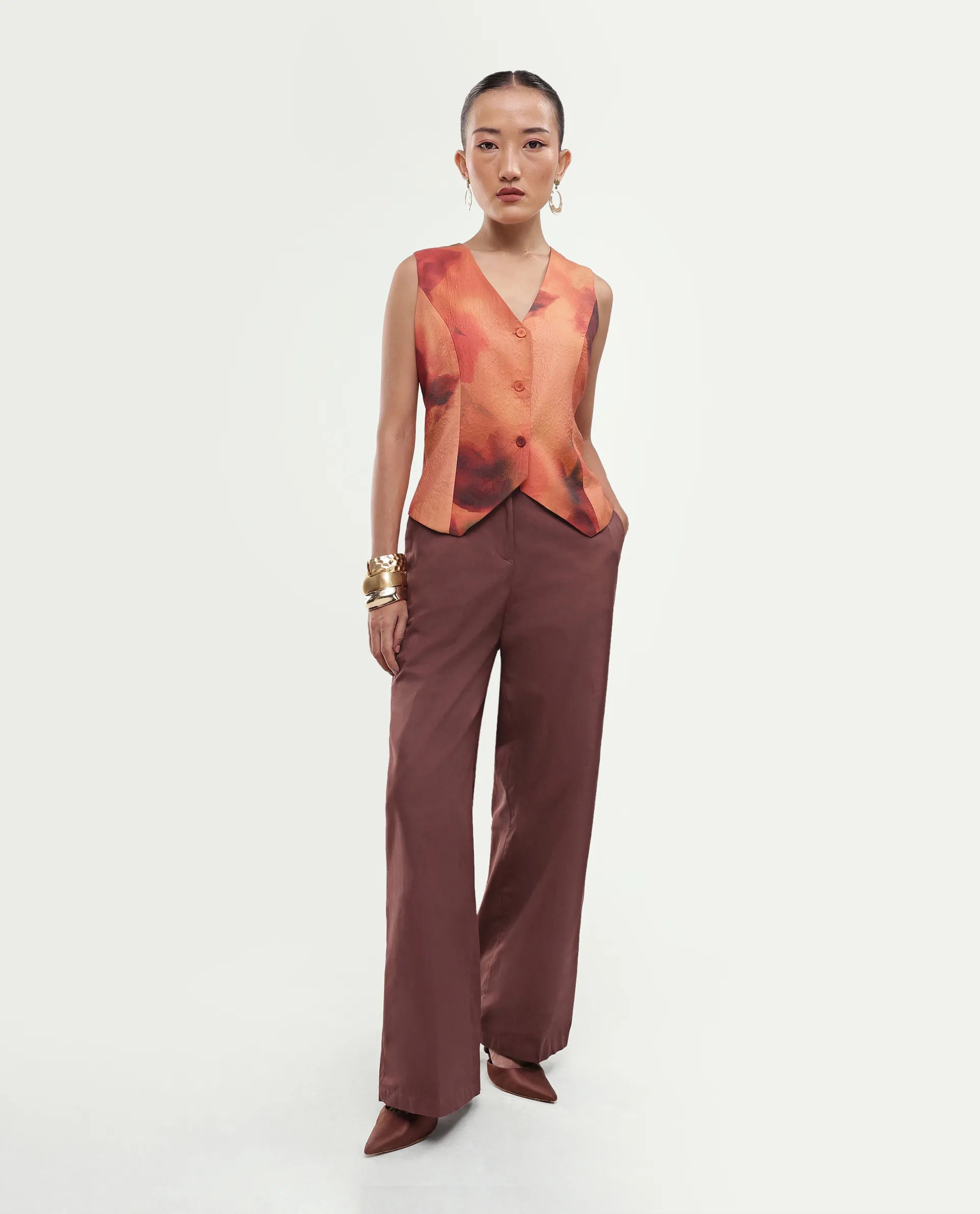 Rareism Women's Glyn-B Rust Cotton Button And Zip Wide Trouser