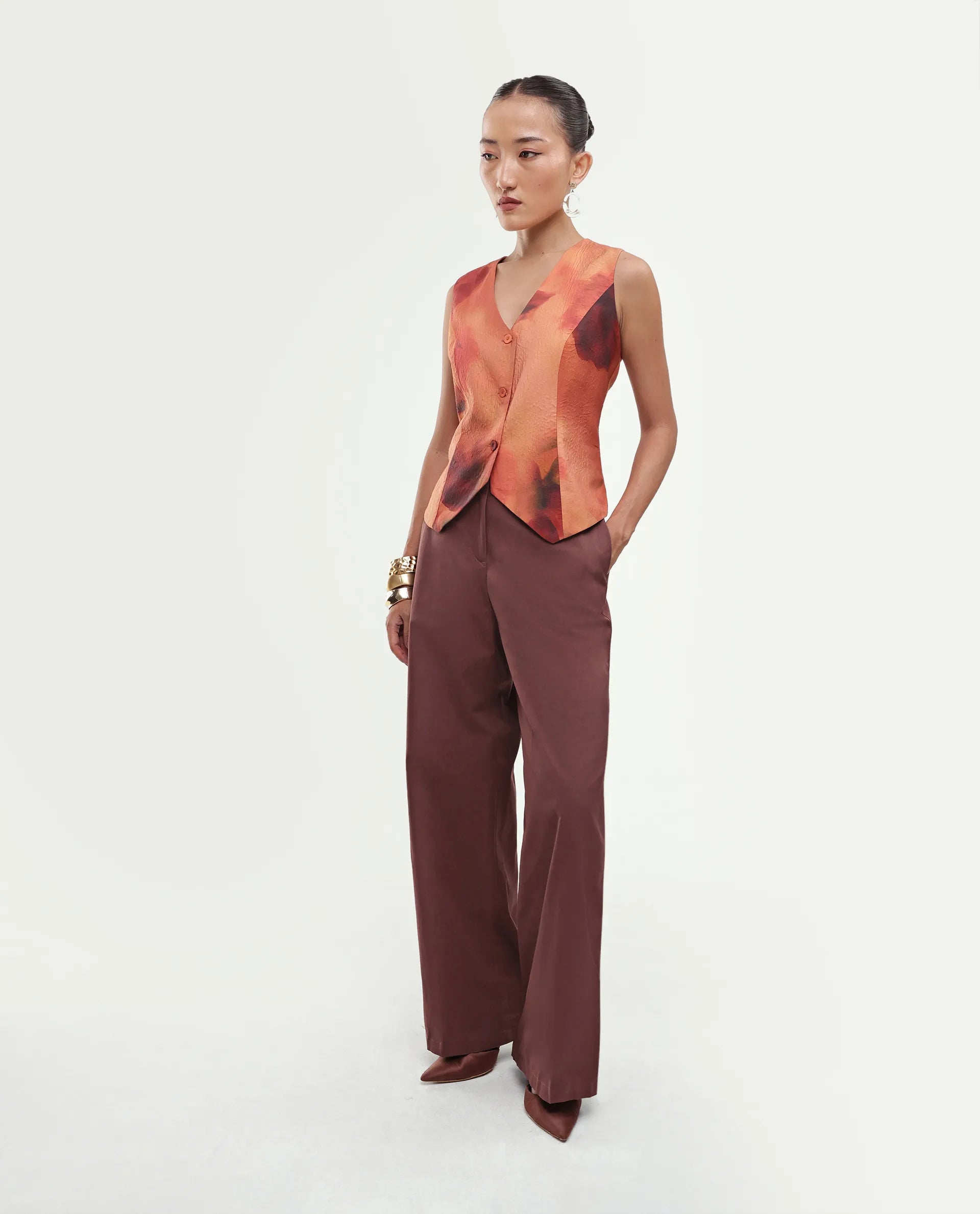 Rareism Women's Glyn-B Rust Cotton Button And Zip Wide Trouser