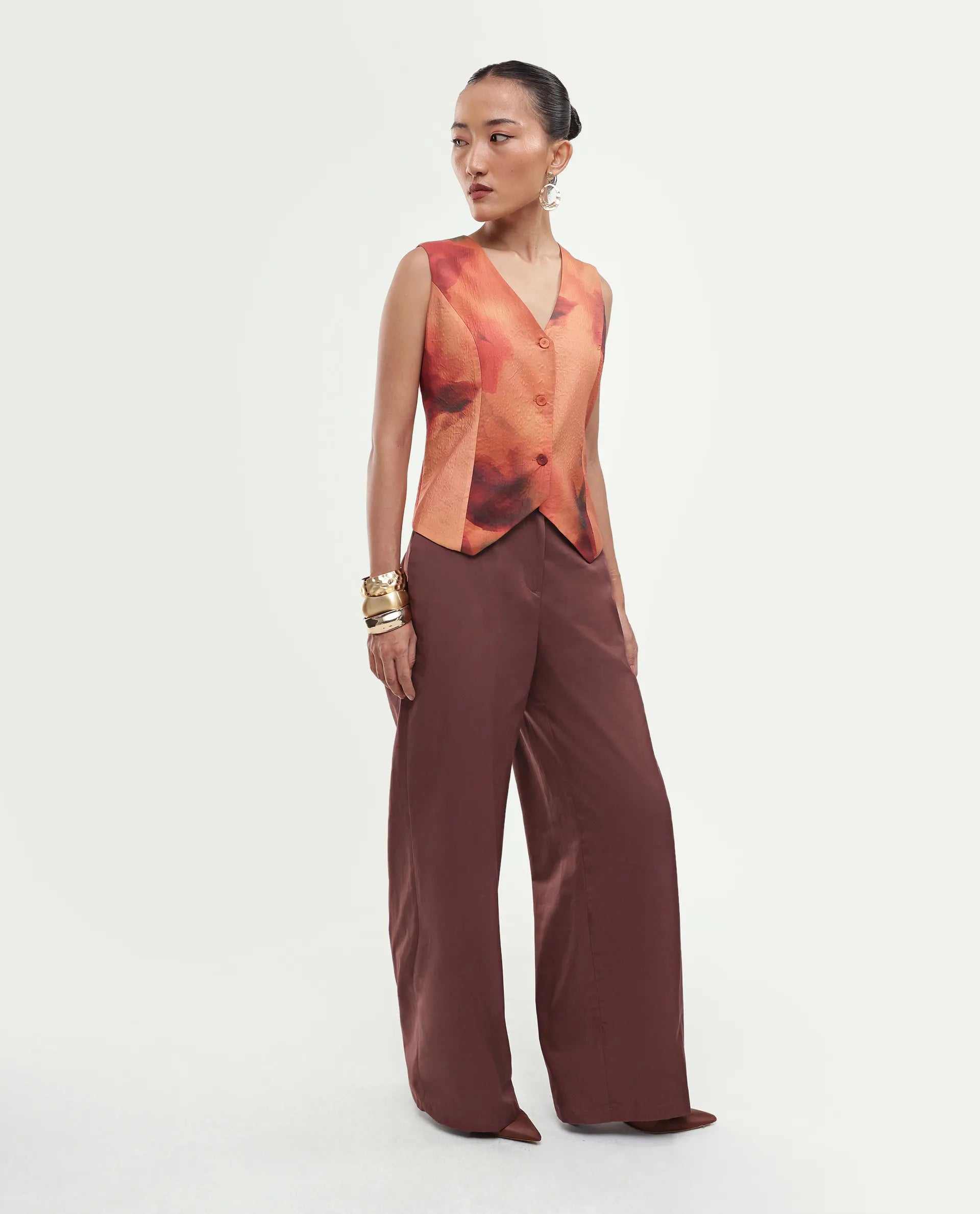 Rareism Women's Glyn-B Rust Cotton Button And Zip Wide Trouser