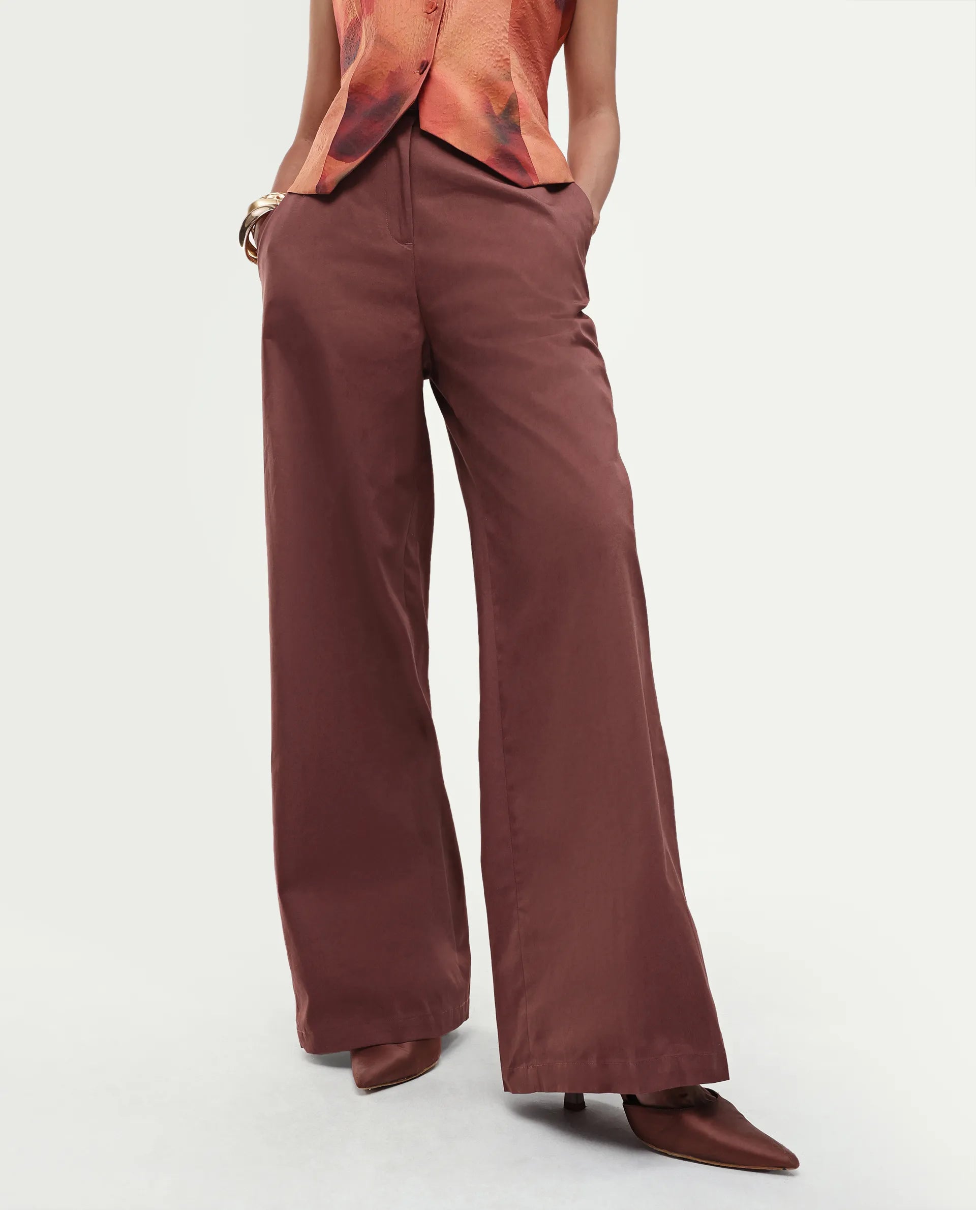 Rareism Women's Glyn-B Rust Cotton Button And Zip Wide Trouser