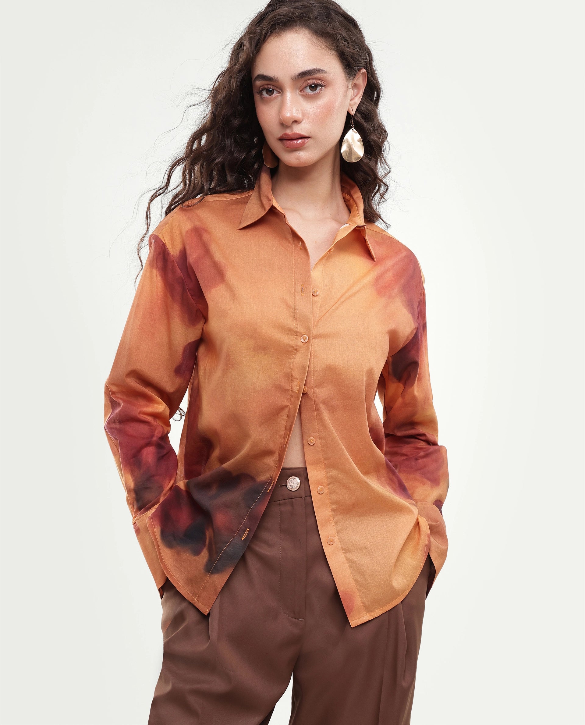 Rareism Women's Goss Rust Abstract Print Cotton Relaxed Fit Long Sleeve Shirt