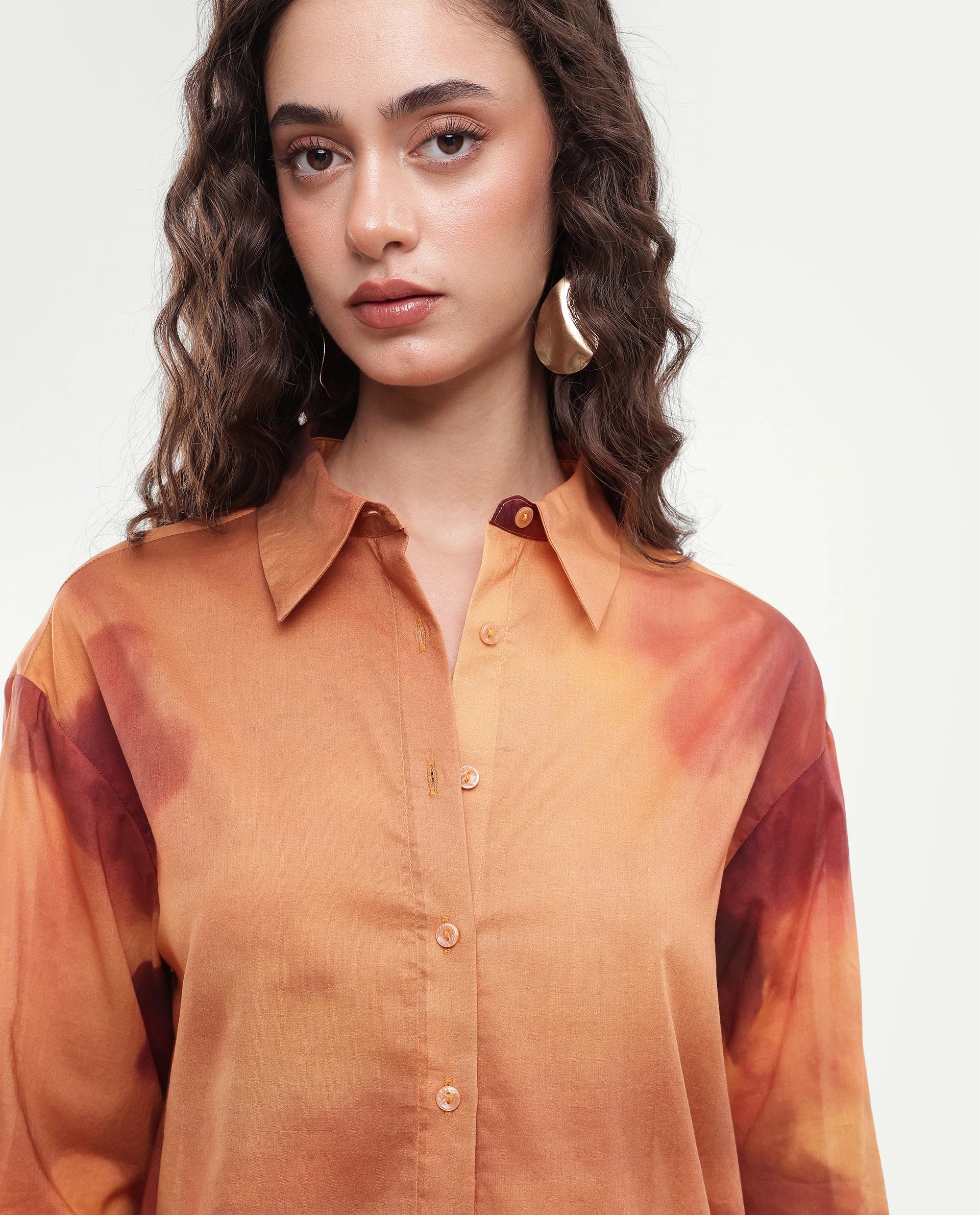Rareism Women's Goss Rust Abstract Print Cotton Relaxed Fit Long Sleeve Shirt