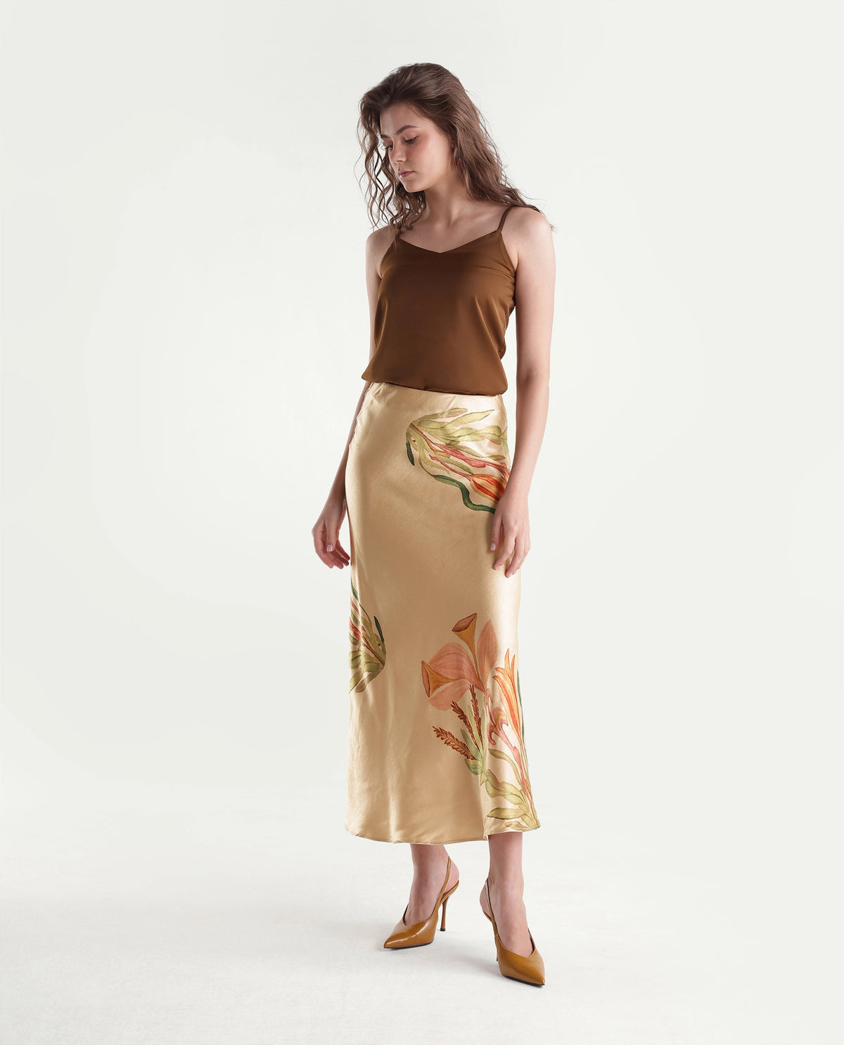 Rareism Women's Gale-B Beige Polyester Elastic Flared Printed Skirt