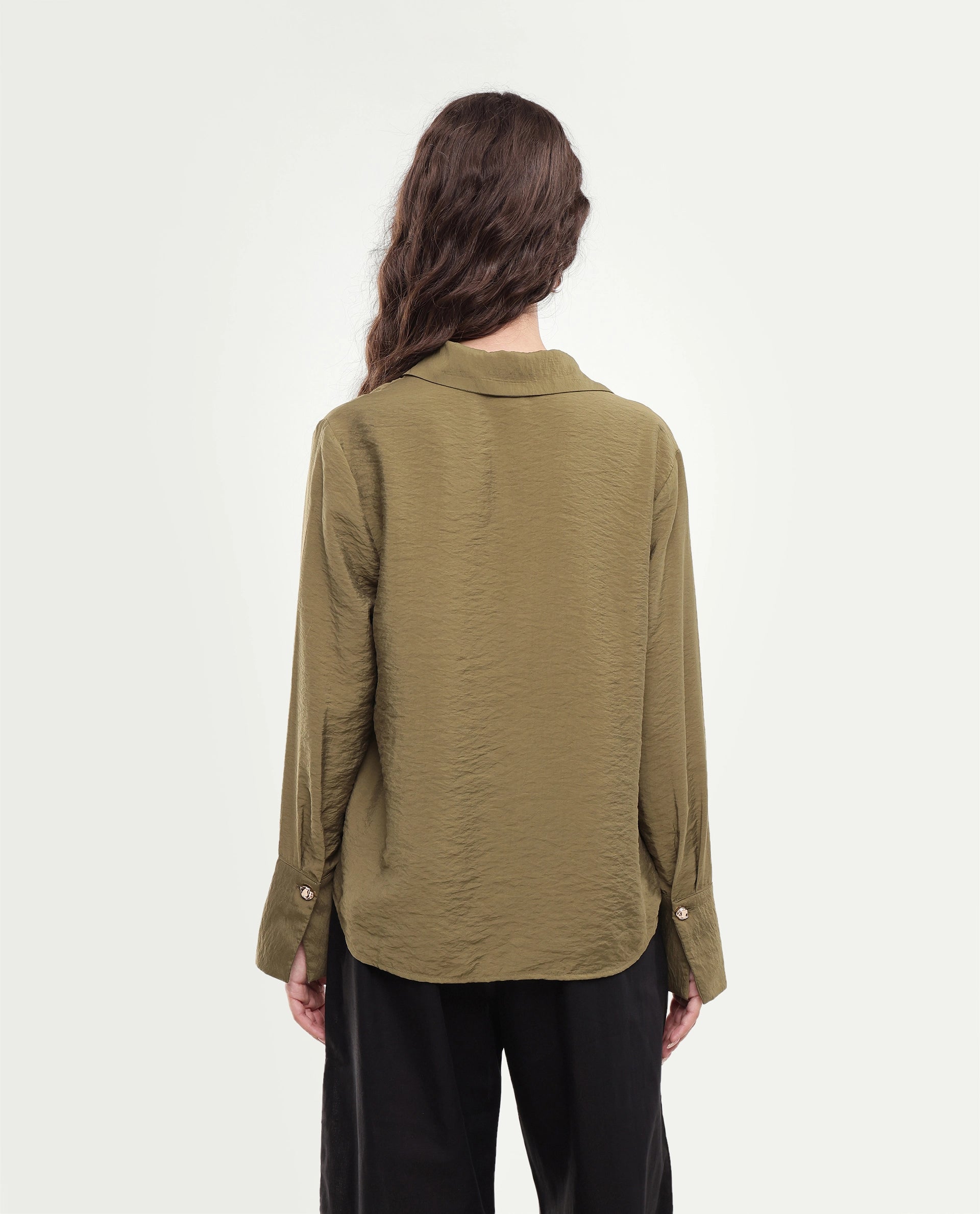 Rareism Women's Gini Olive Plain Viscose Blend Regular Long Sleeves Shirt