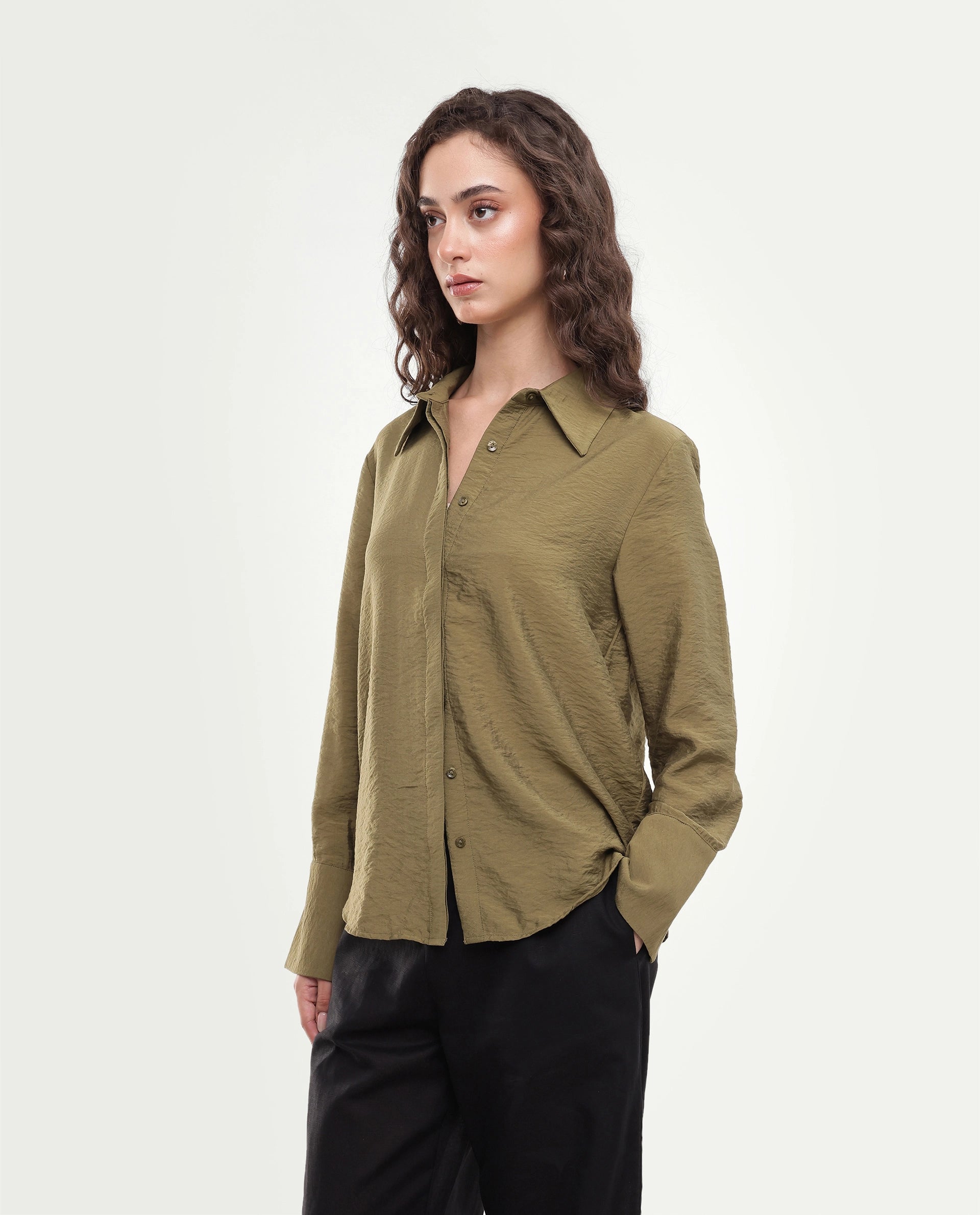 Rareism Women's Gini Olive Plain Viscose Blend Regular Long Sleeves Shirt