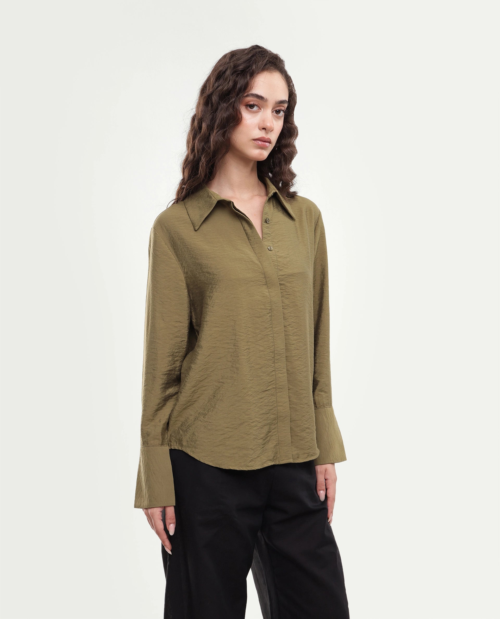 Rareism Women's Gini Olive Plain Viscose Blend Regular Long Sleeves Shirt