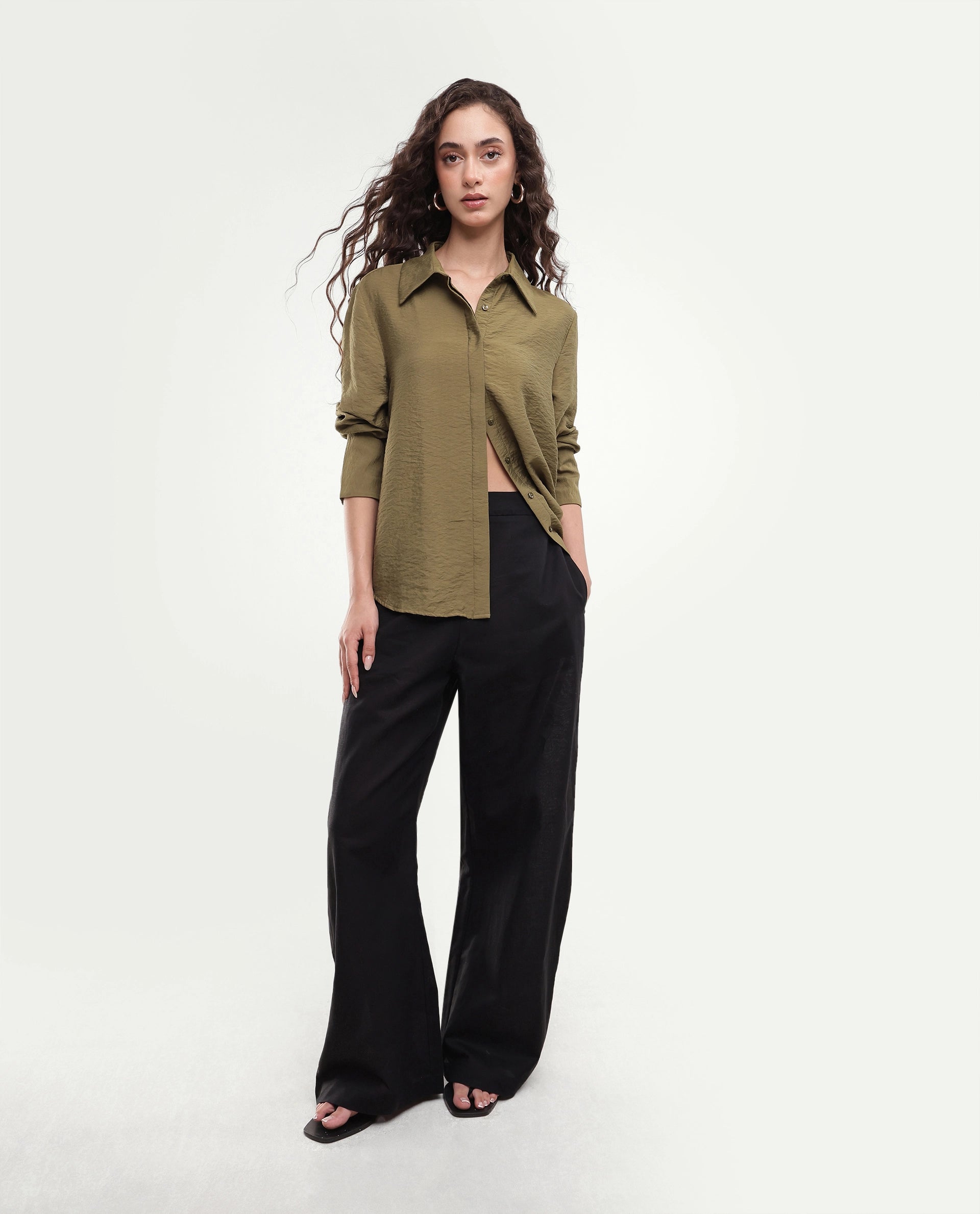 Rareism Women's Gini Olive Plain Viscose Blend Regular Long Sleeves Shirt