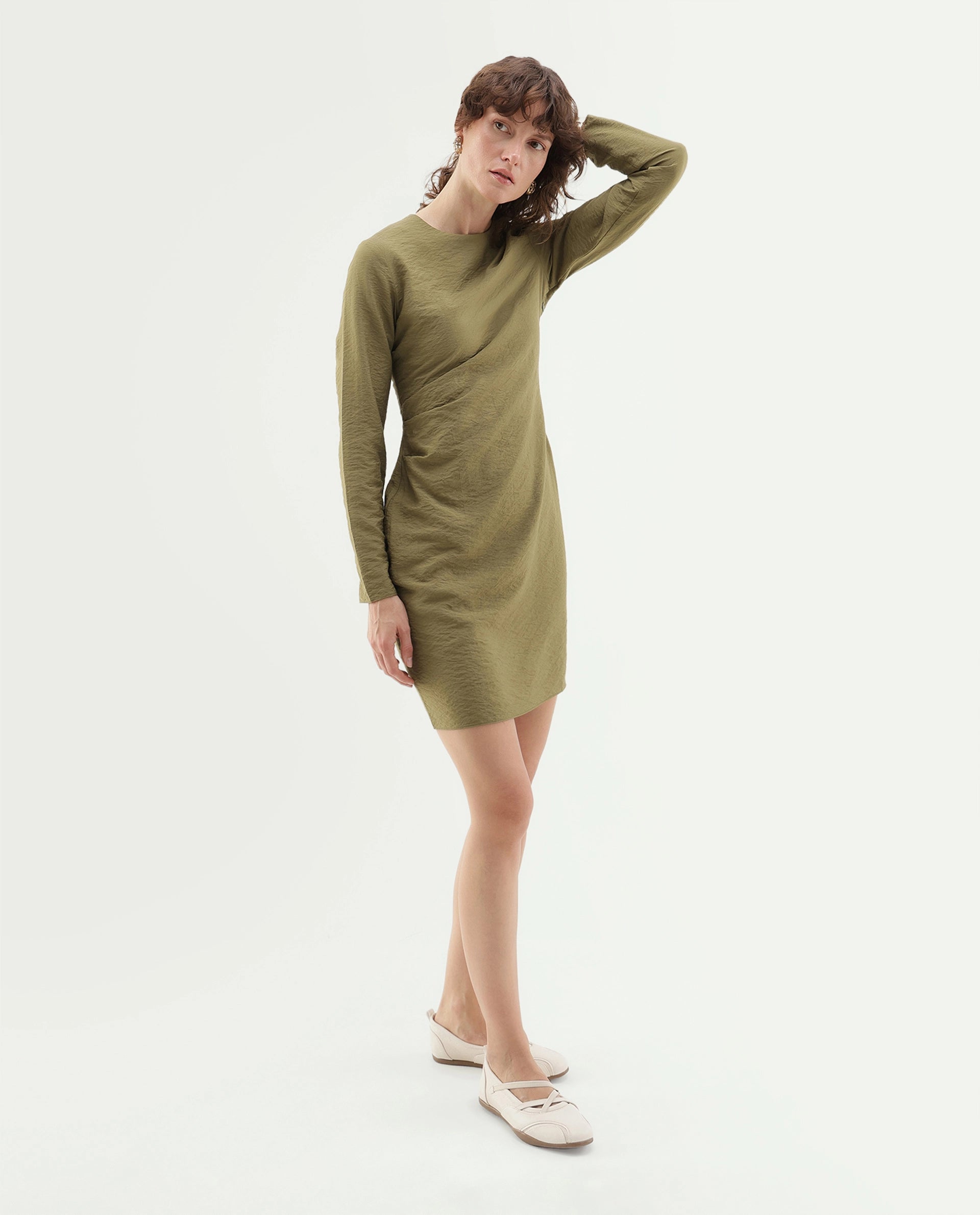 Rareism Women's Ginik Olive Viscose Blend Button Balloon Dress
