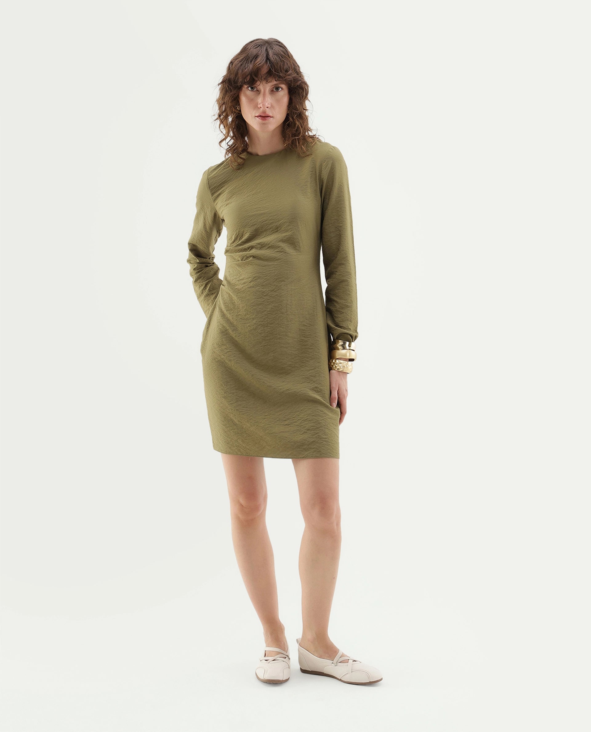 Rareism Women's Ginik Olive Viscose Blend Button Balloon Dress