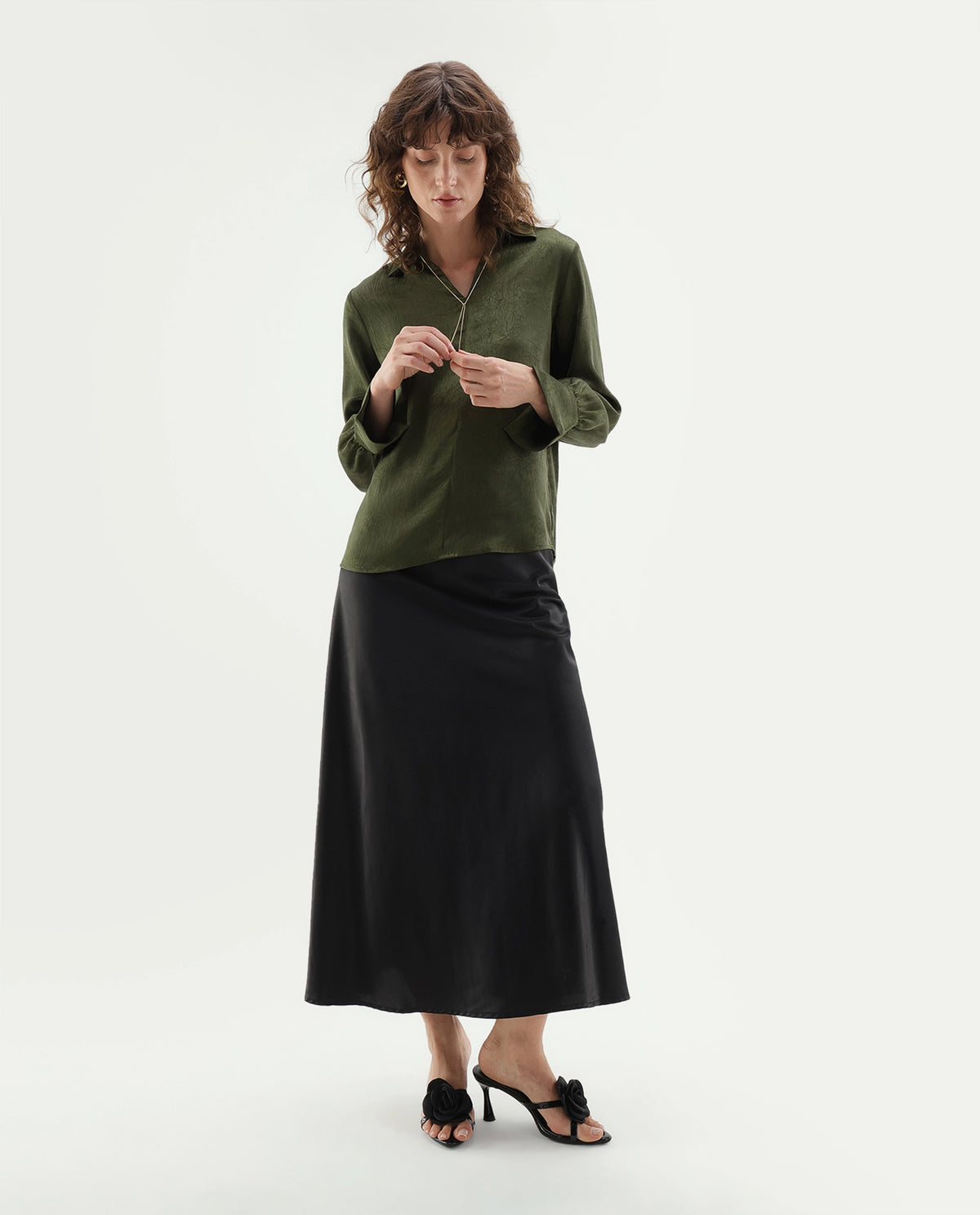 Rareism Women's Glania Dark Olive Polyester Regular Fit Top