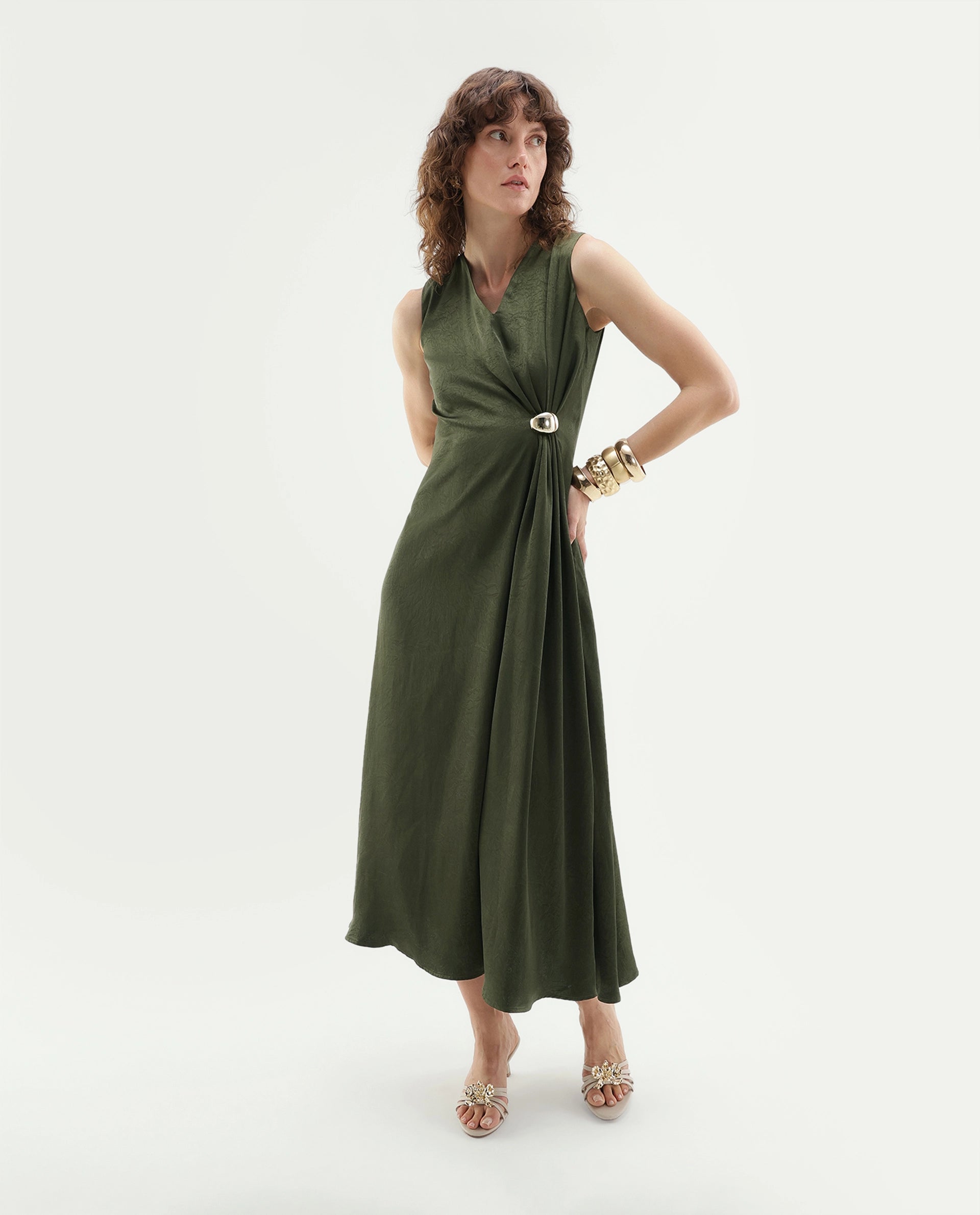 Rareism Women's Glani Dark Olive Polyester Button And Zip Flared Dress