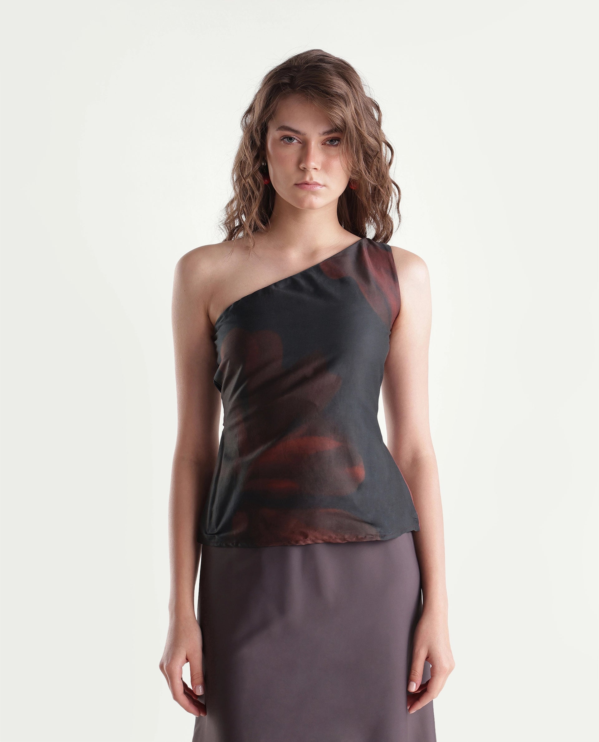 Rareism Women's Grec Brown Cotton Blend Zipper Regular Fit Floral Print Top