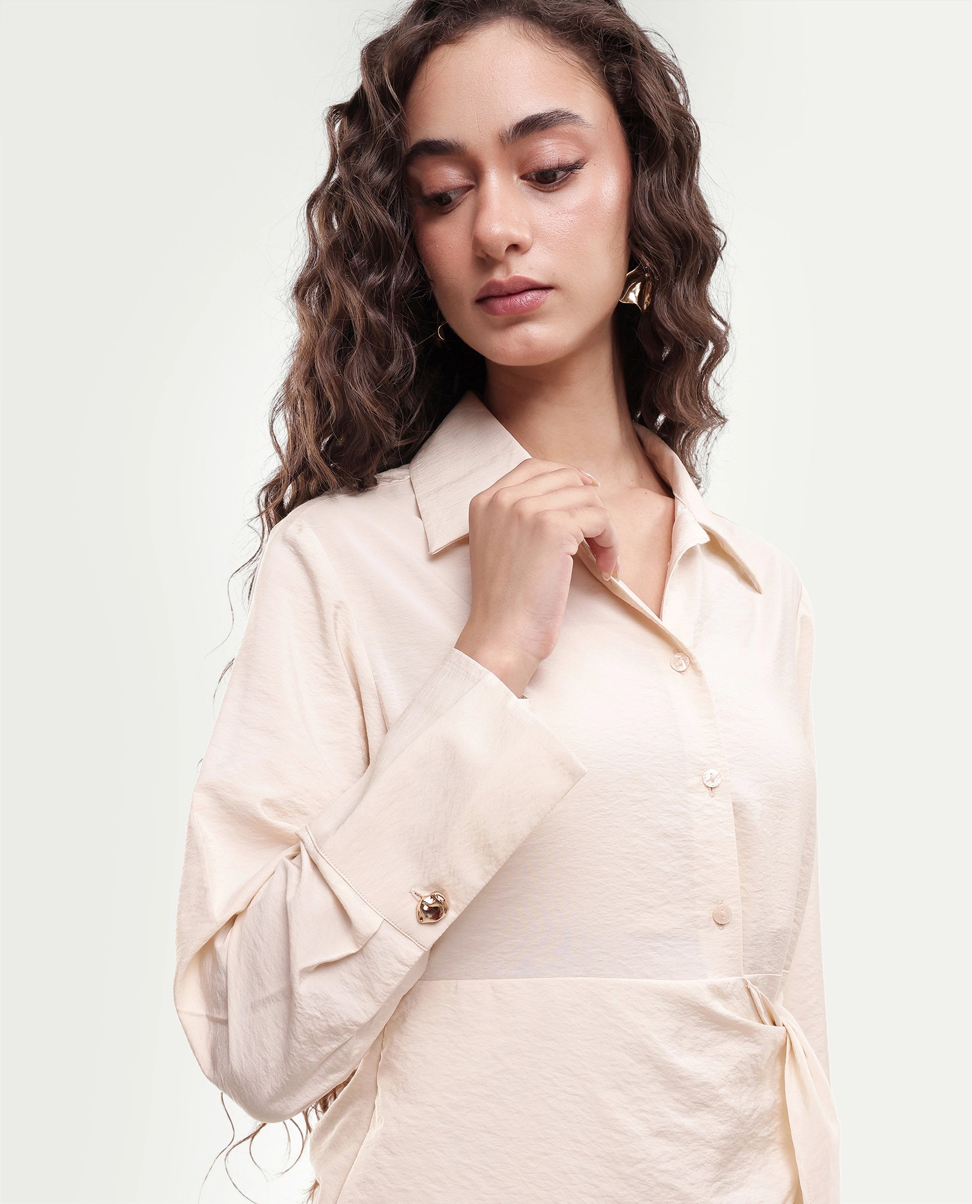 Rareism Women's Geek Beige Viscose Blend Tie-Up Regular Fit Dress