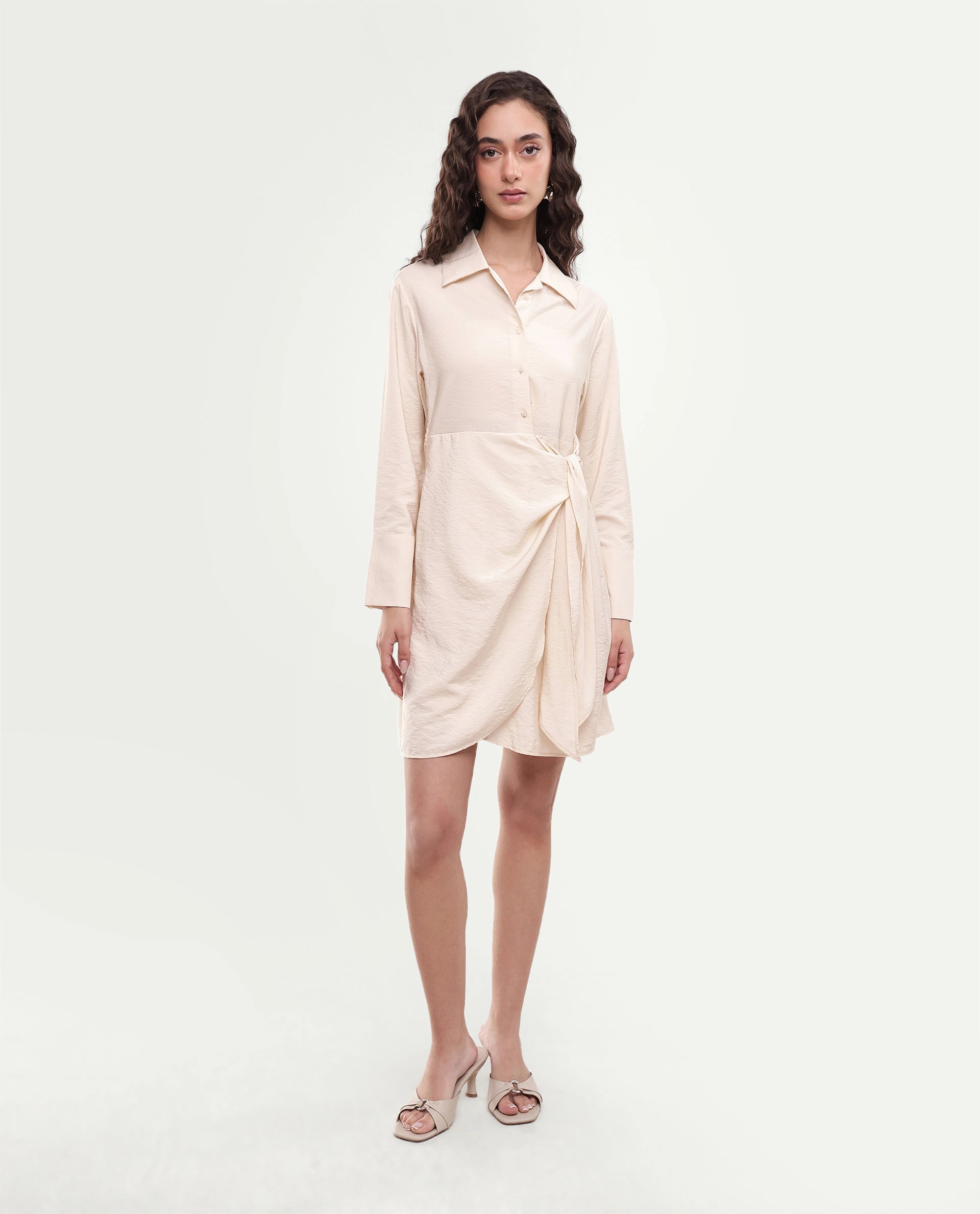 Rareism Women's Geek Beige Viscose Blend Tie-Up Regular Fit Dress