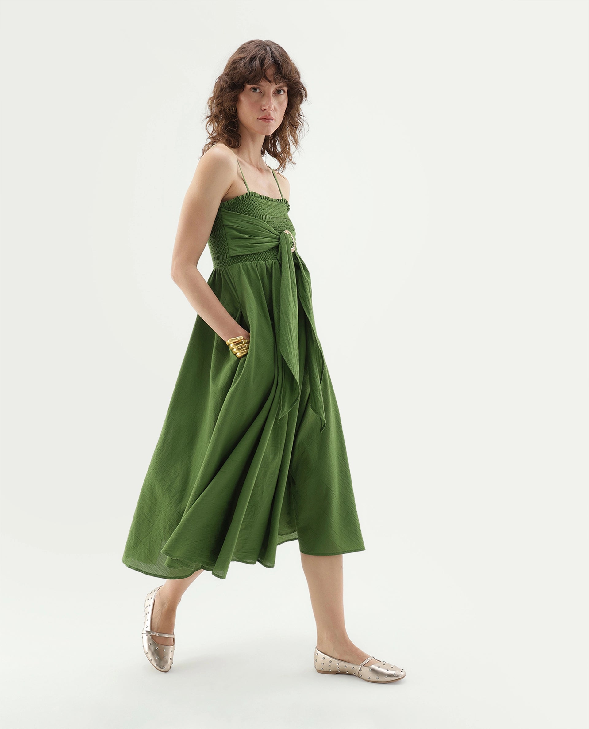 Rareism Women's Girty Green Cotton Elastic Fit And Flare Dress