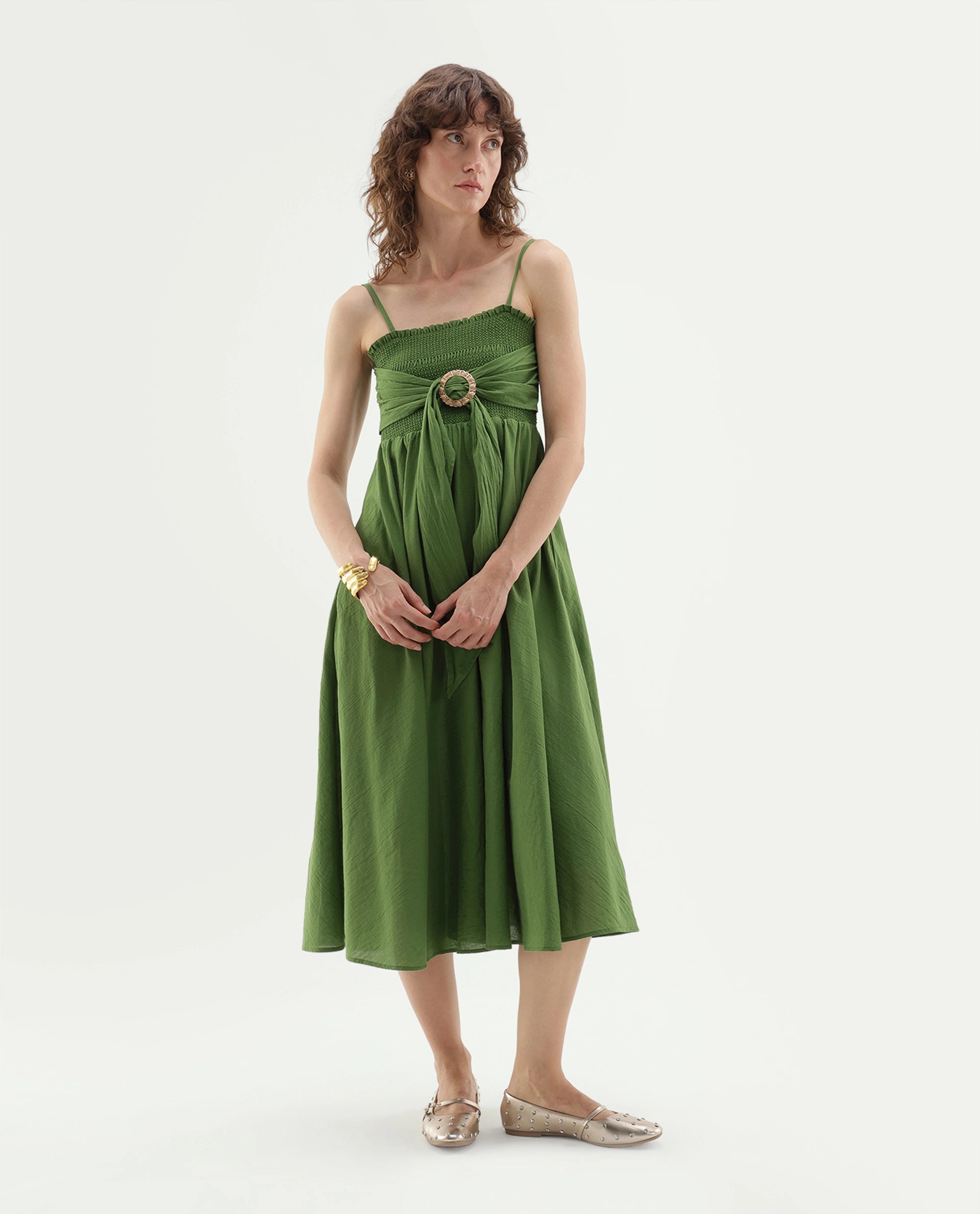 Rareism Women's Girty Green Cotton Elastic Fit And Flare Dress