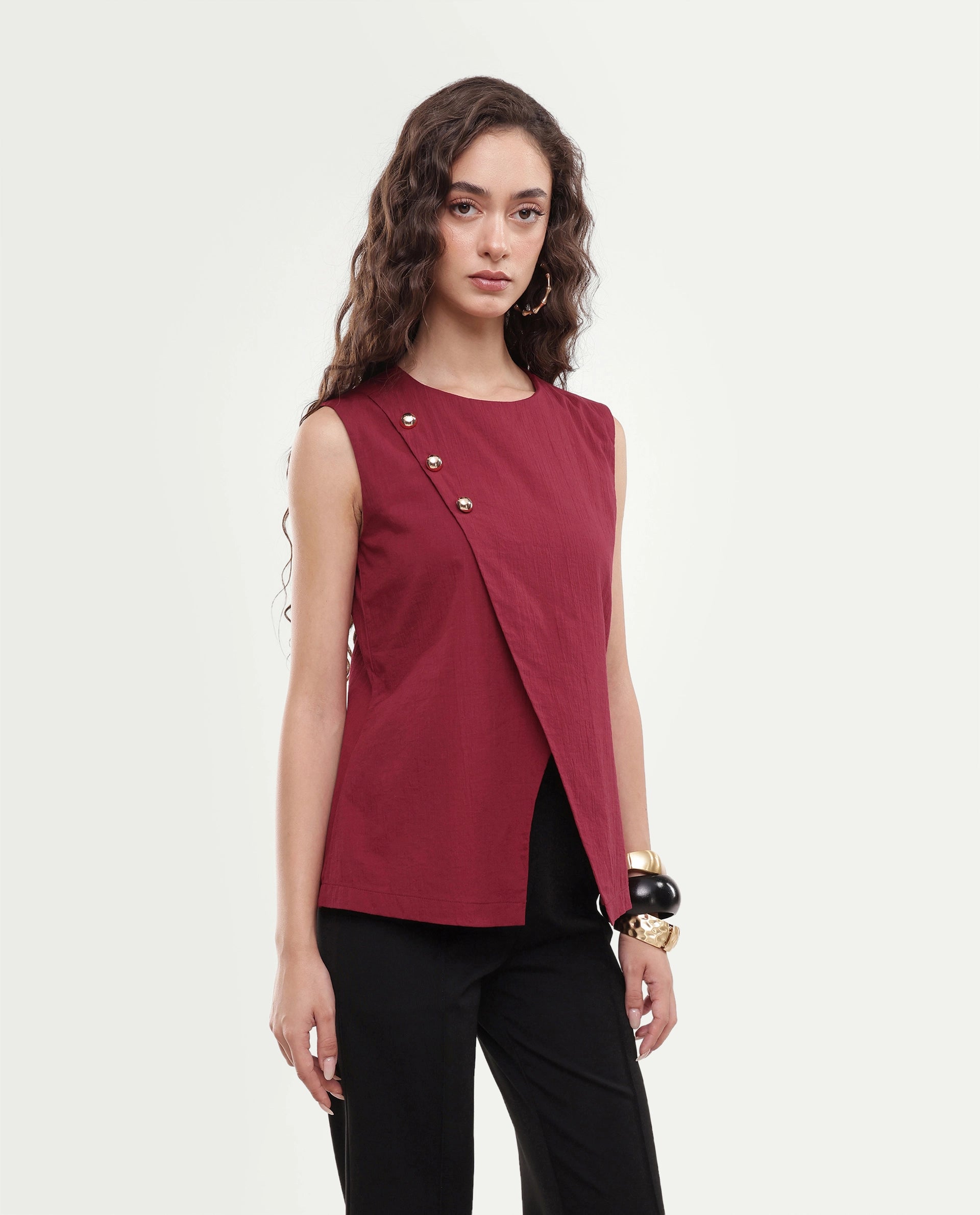 Rareism Women's Fent Dark Red Cotton Button Shift Top
