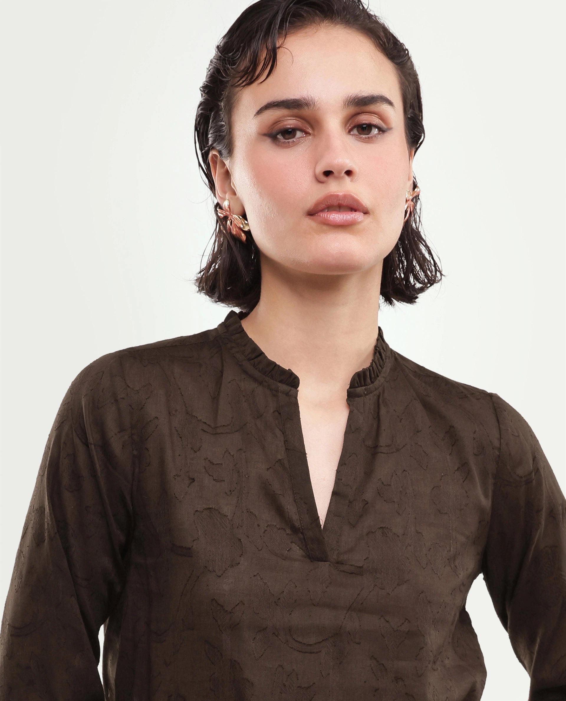 Rareism Women's Fom Dark Brown Abstract Cotton Regular Long Sleeves Top