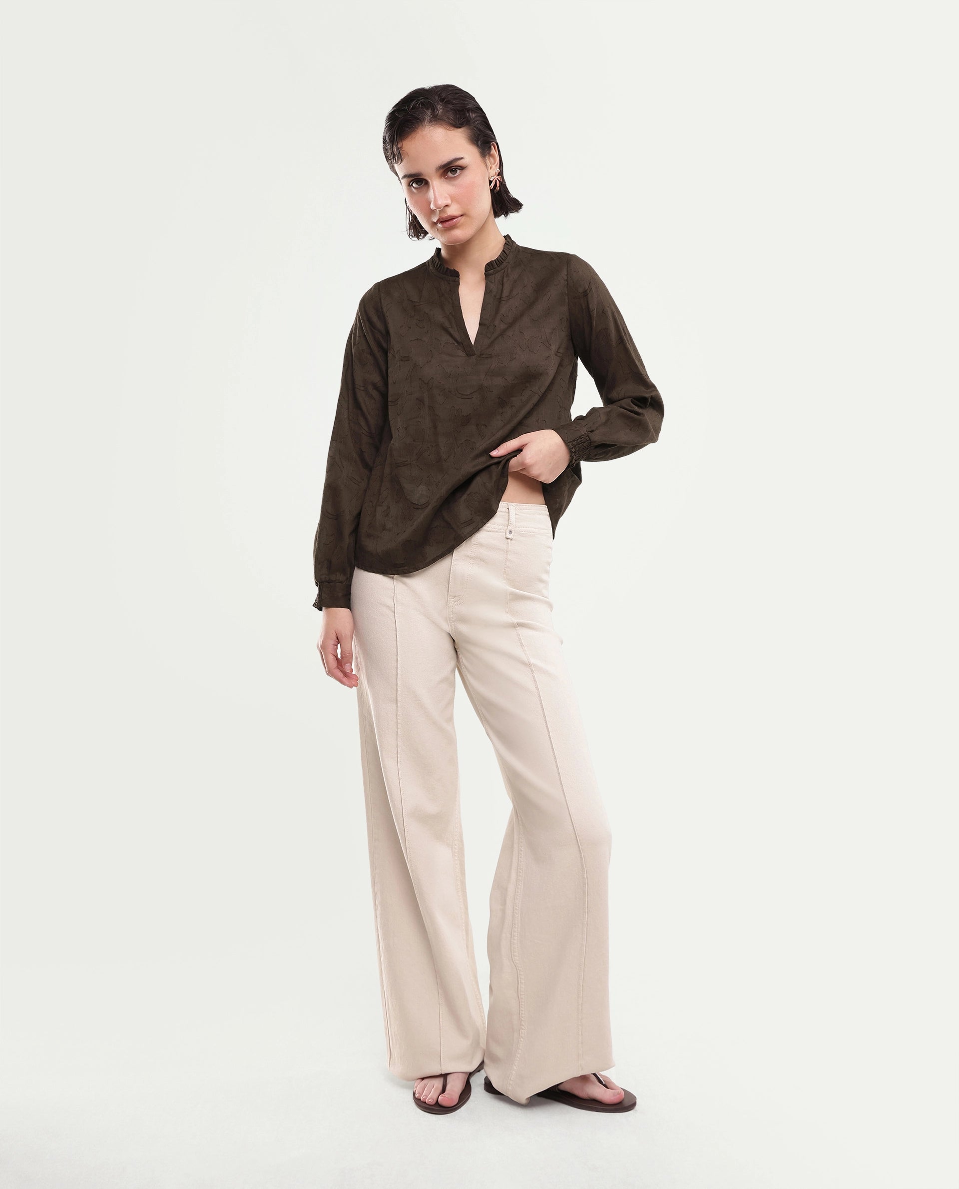 Rareism Women's Fom Dark Brown Abstract Cotton Regular Long Sleeves Top