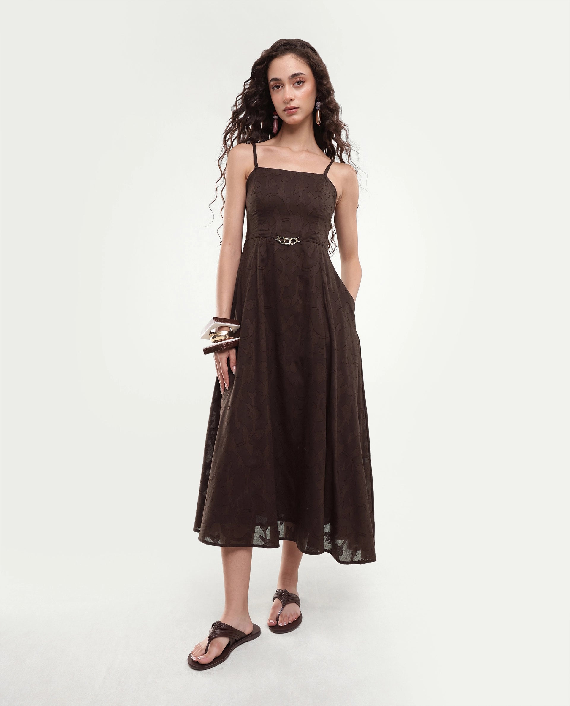 Rareism Women's Fomy Dark Brown Textured Cotton Fit And Flare Sleeveless Dress