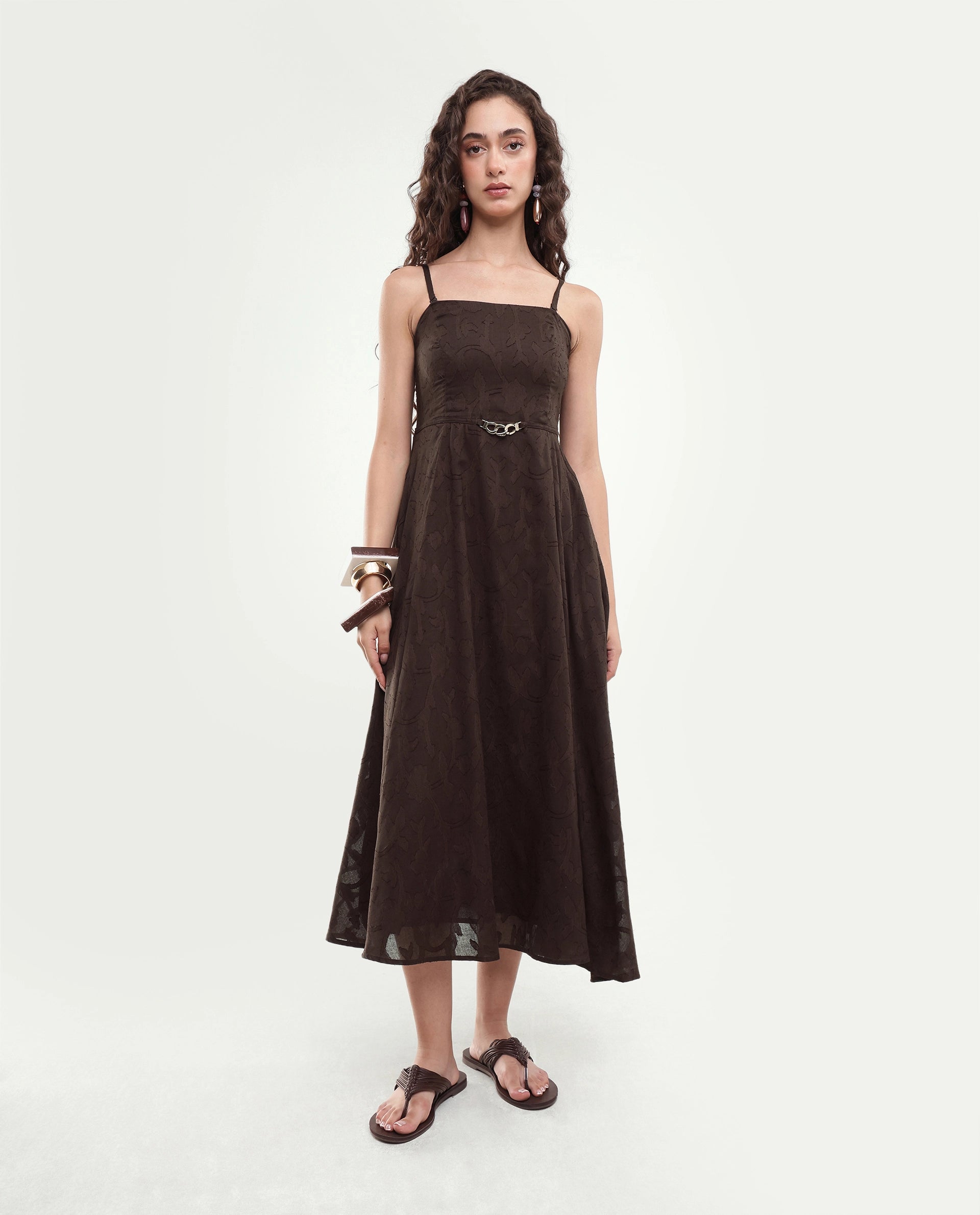 Rareism Women's Fomy Dark Brown Textured Cotton Fit And Flare Sleeveless Dress