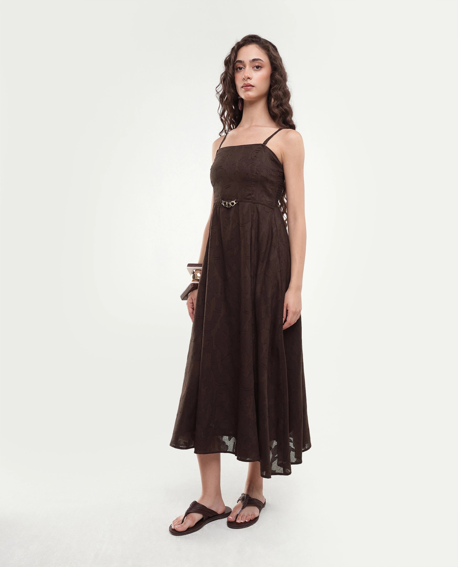 Rareism Women's Fomy Dark Brown Textured Cotton Fit And Flare Sleeveless Dress
