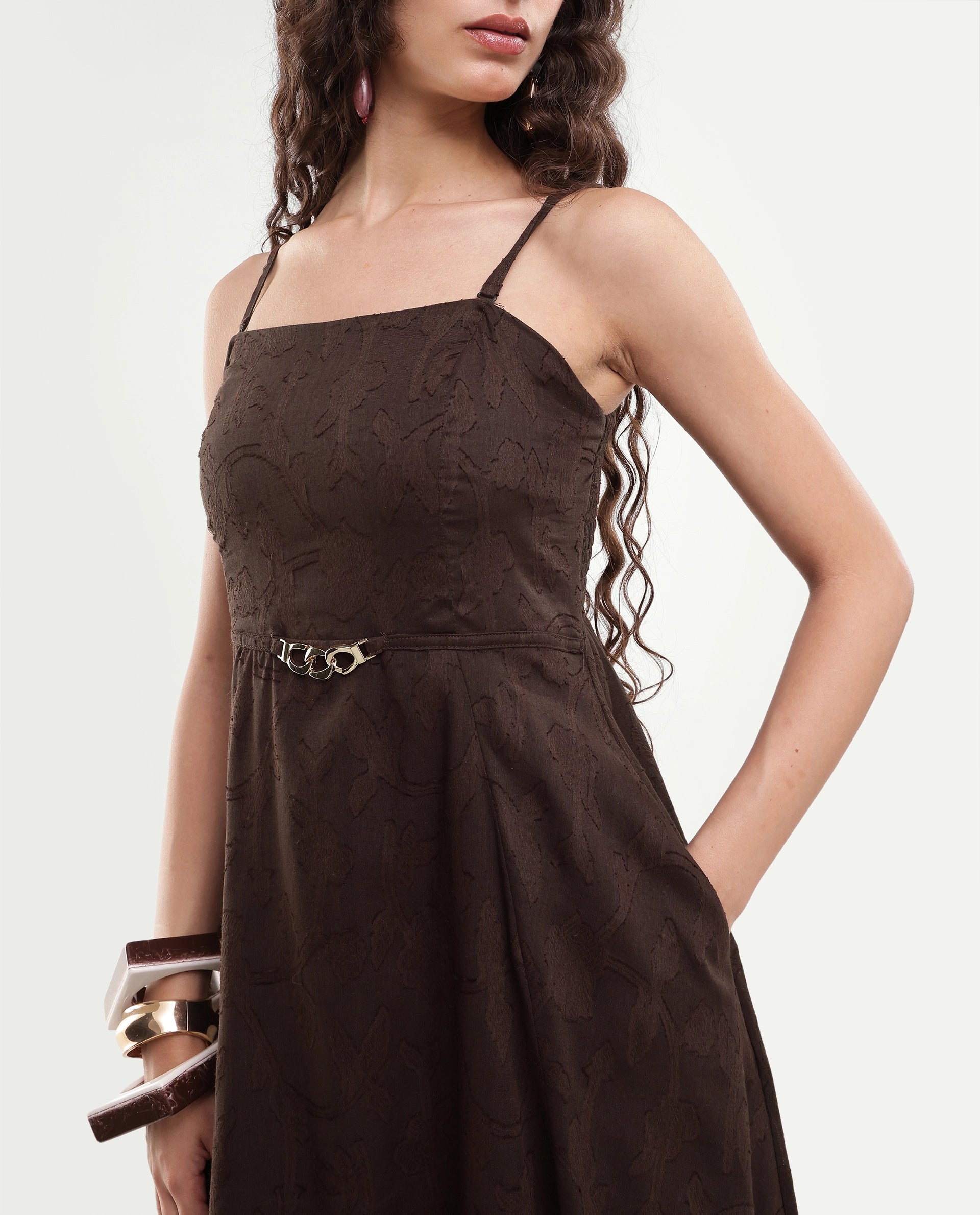Rareism Women's Fomy Dark Brown Textured Cotton Fit And Flare Sleeveless Dress