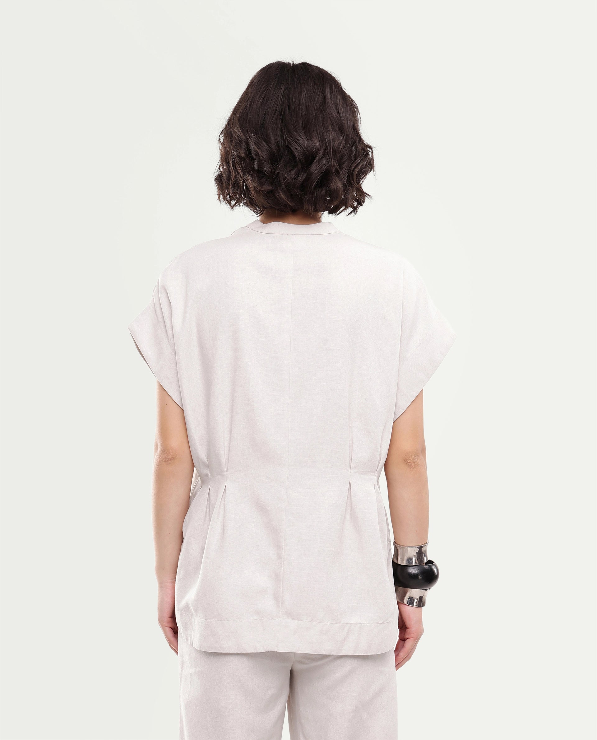 Rareism Women's Fite-T Light Beige Plain Linen Blend Boxy Short Sleeves Top