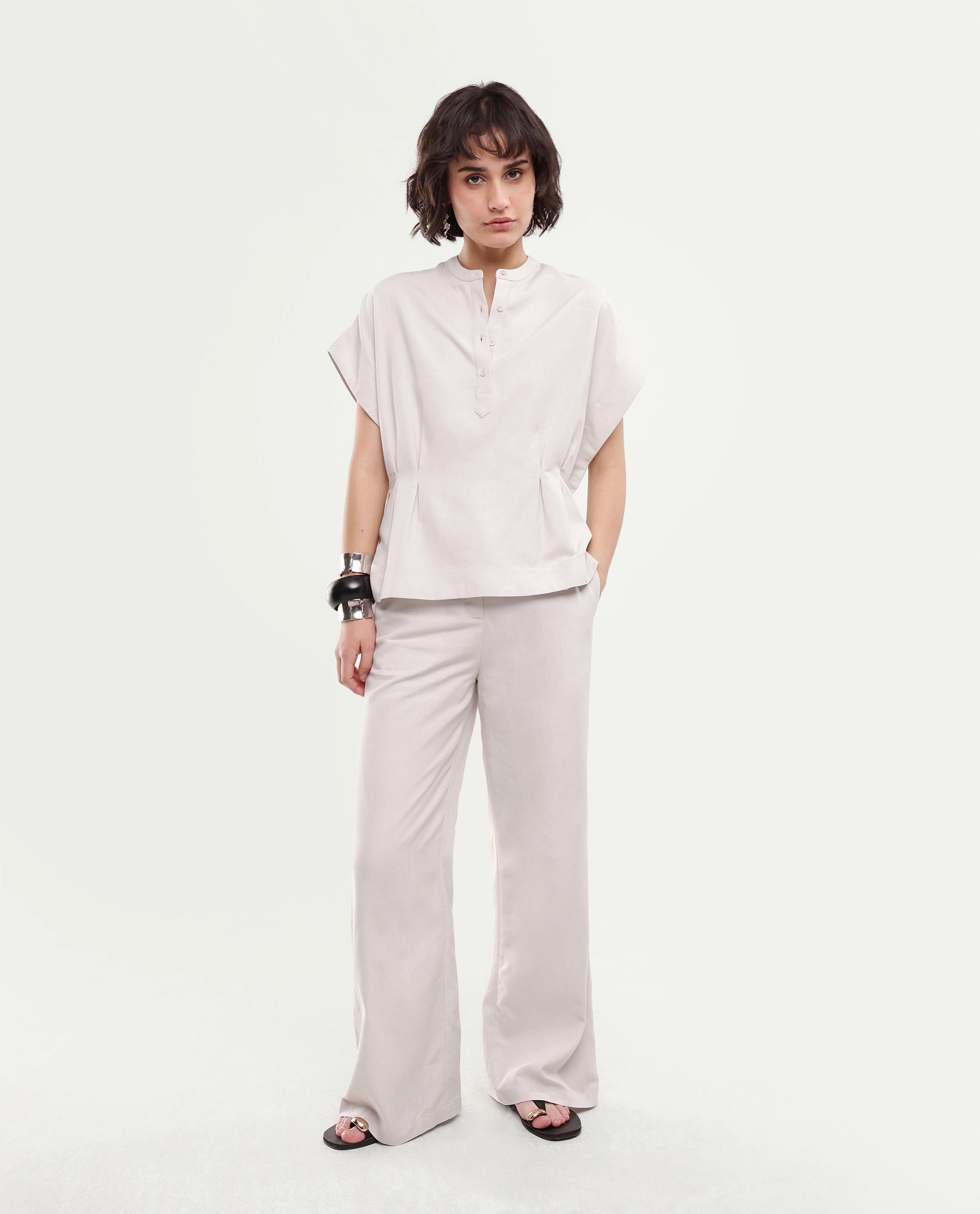 Rareism Women's Fite-B Light Beige Linen Blend Hook And Zipper Wide Trouser