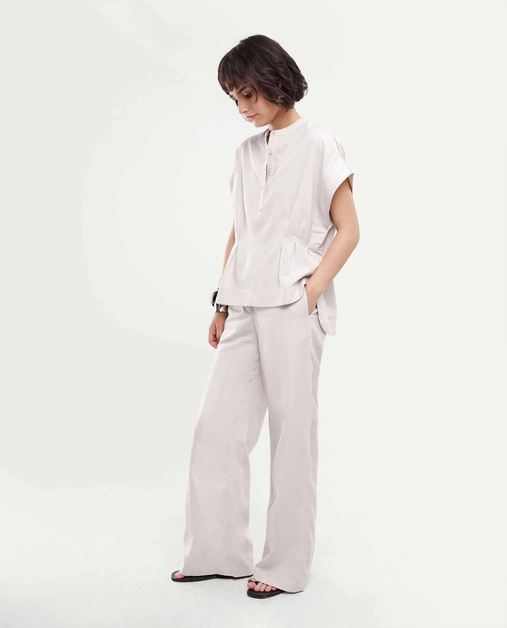 Rareism Women's Fite-B Light Beige Linen Blend Hook And Zipper Wide Trouser