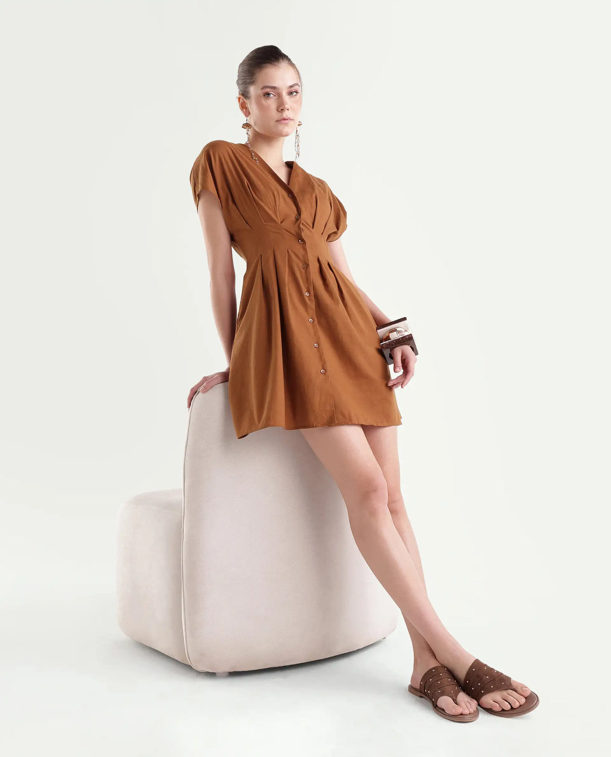 Rareism Women's Finny Dark Mustard Cotton Button A-Line Dress
