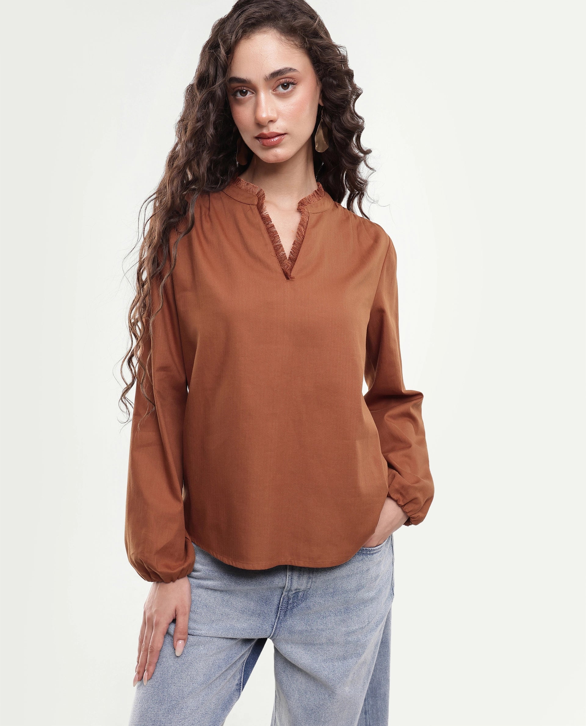 Rareism Women's Fring Dark Mustard Plain Cotton Regular Fit Long Sleeve Top