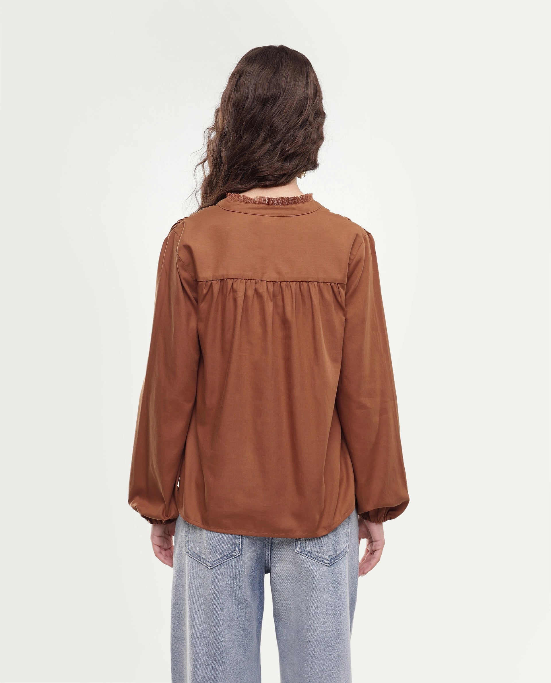 Rareism Women's Fring Dark Mustard Plain Cotton Regular Fit Long Sleeve Top