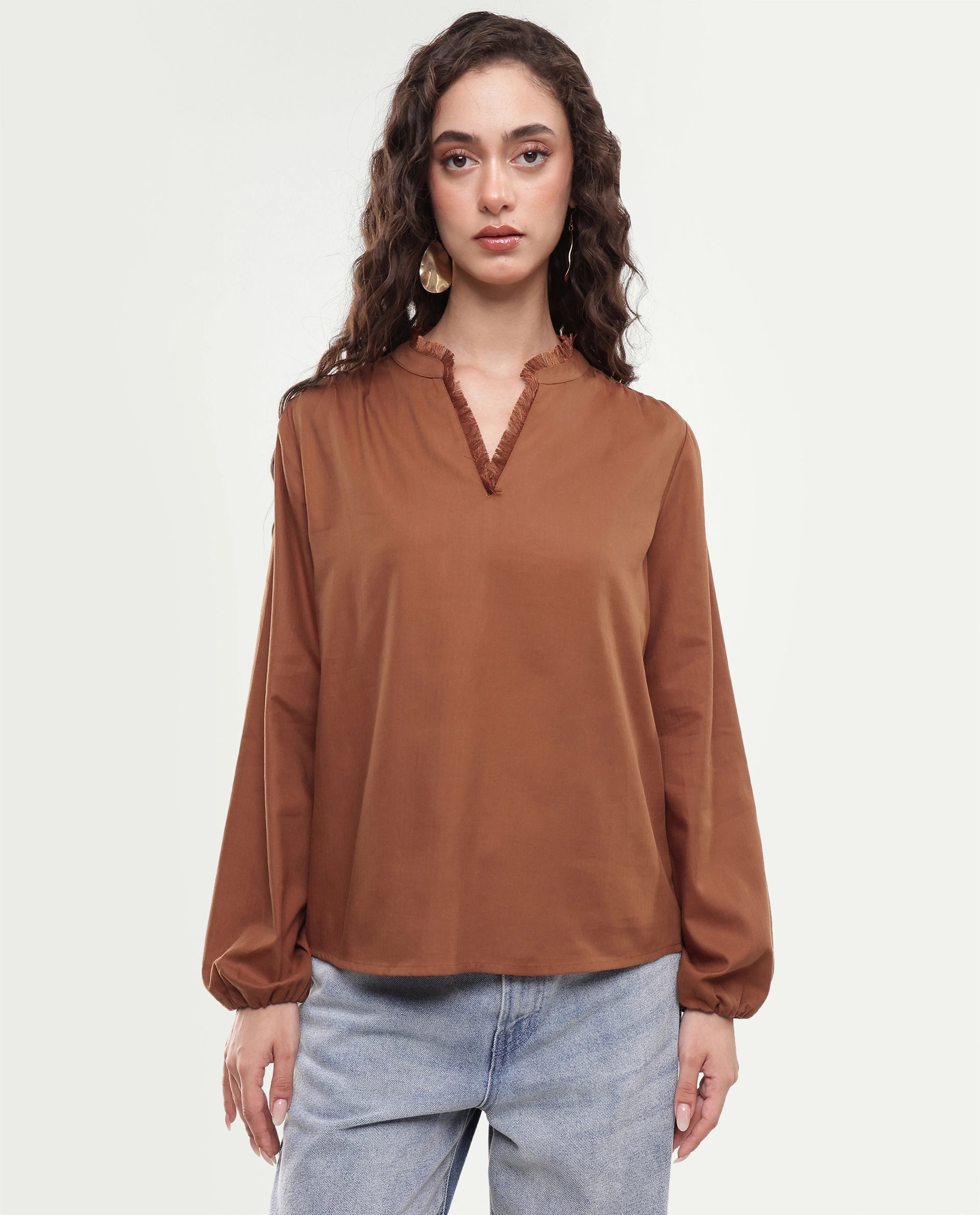 Rareism Women's Fring Dark Mustard Plain Cotton Regular Fit Long Sleeve Top