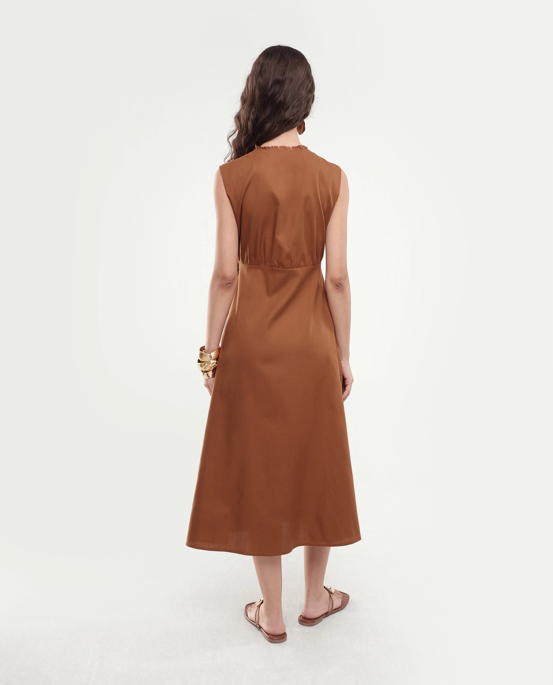 Rareism Women's Fringet Dark Mustard Plain Cotton Wrap Sleeveless Dress