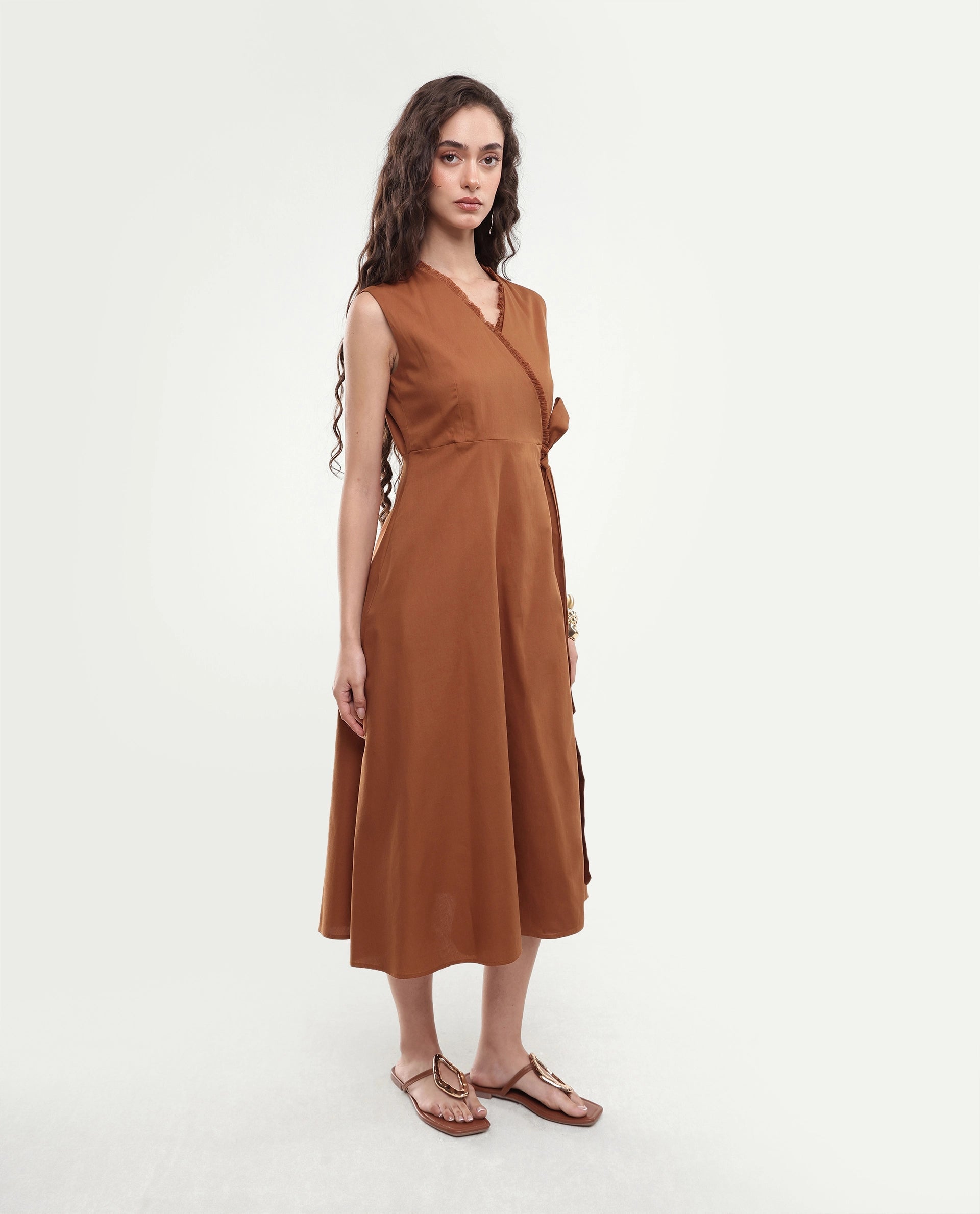 Rareism Women's Fringet Dark Mustard Plain Cotton Wrap Sleeveless Dress