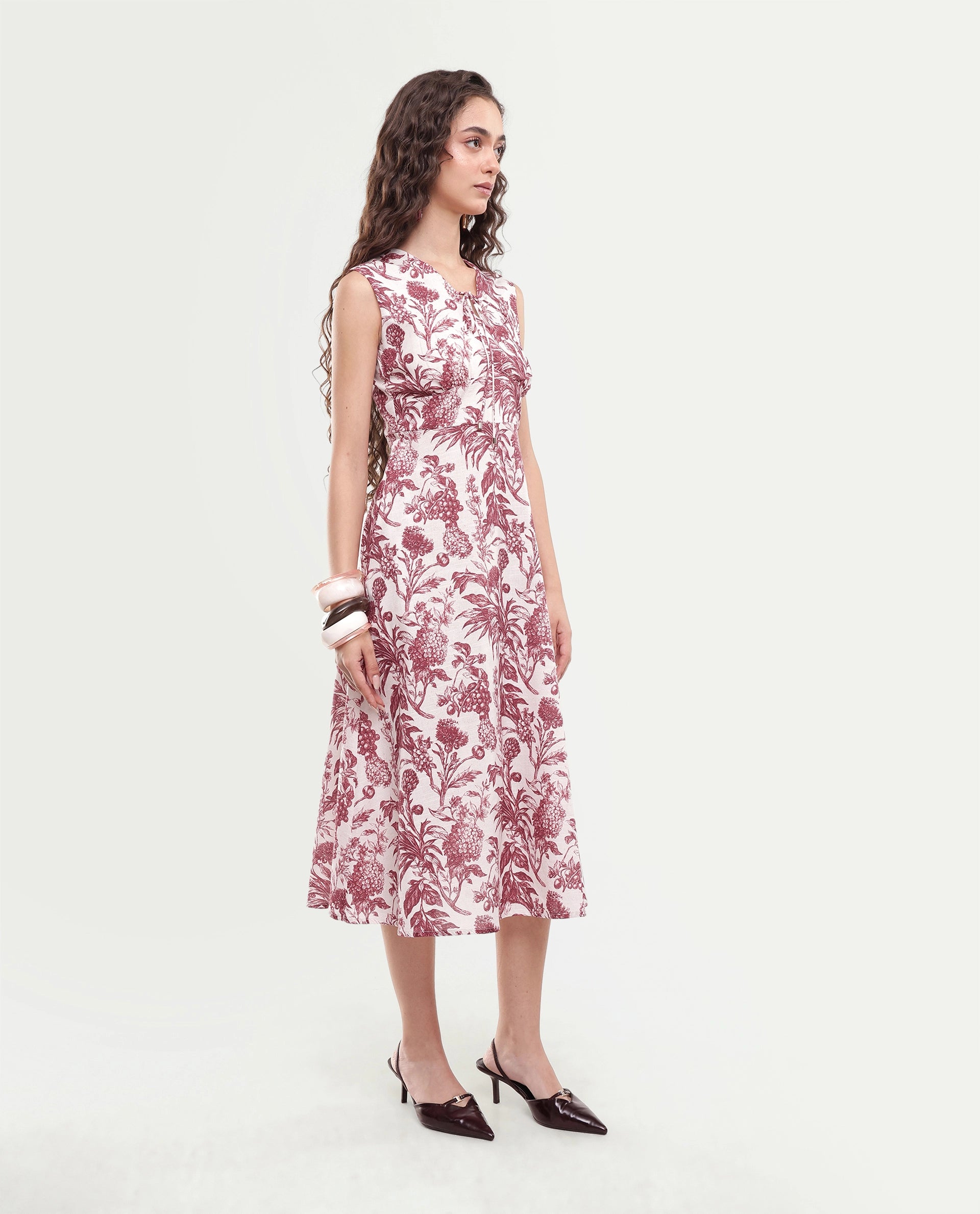 Rareism Women's Fon Red Cotton Button And Zip Fit And Flare Printed Dress