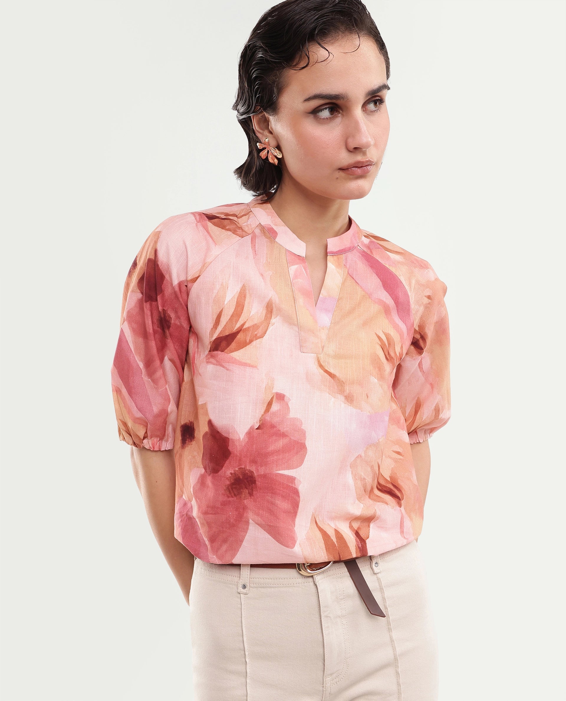 Rareism Women's Fulus Multi Floral Cotton Regular Short Sleeves Top