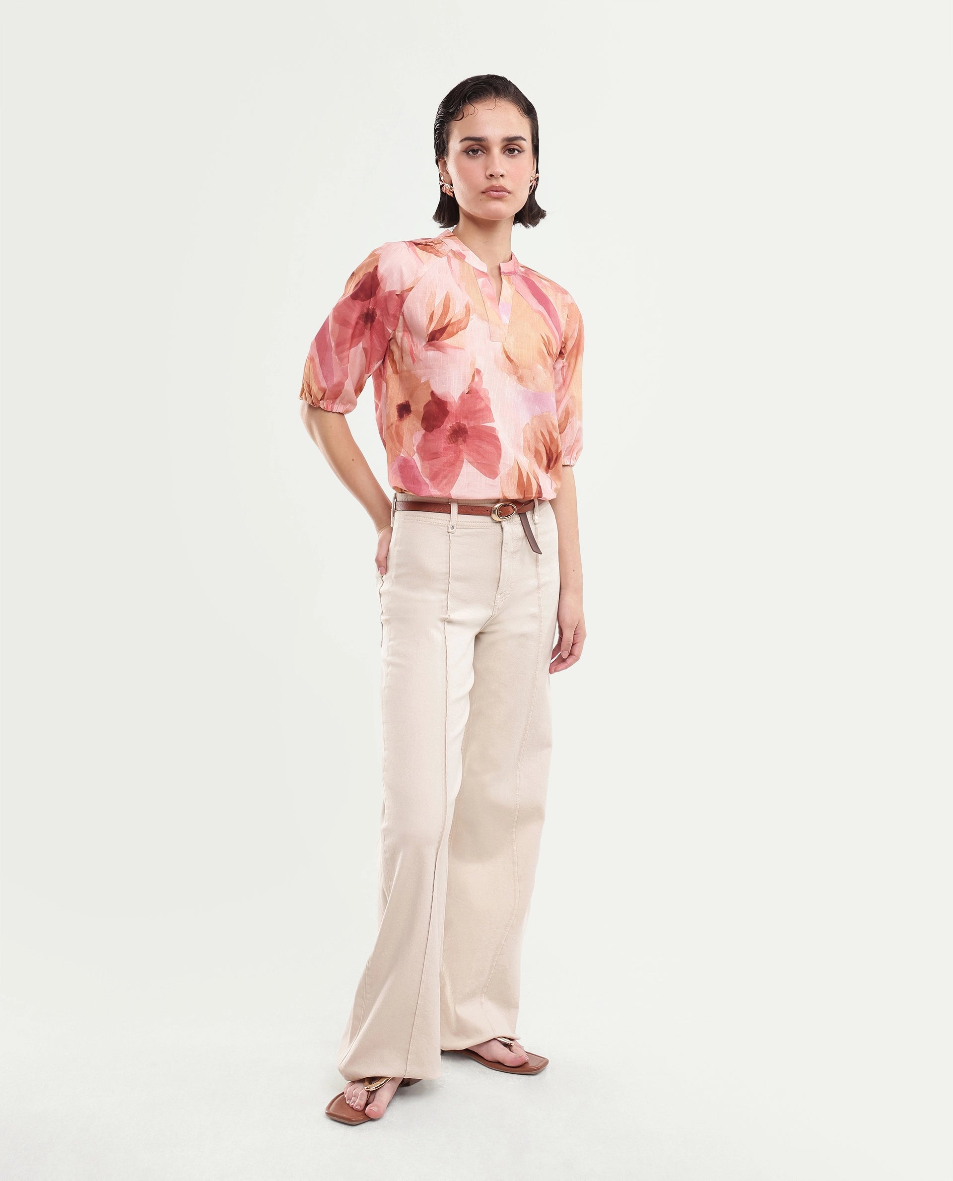 Rareism Women's Fulus Multi Floral Cotton Regular Short Sleeves Top