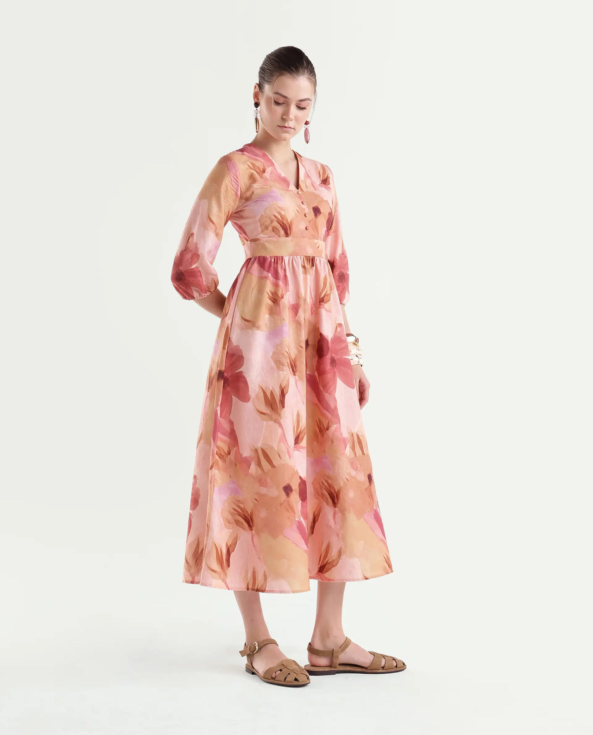 Rareism Women's Futox Multi Cotton Button And Zip Fit And Flare Floral Print Dress