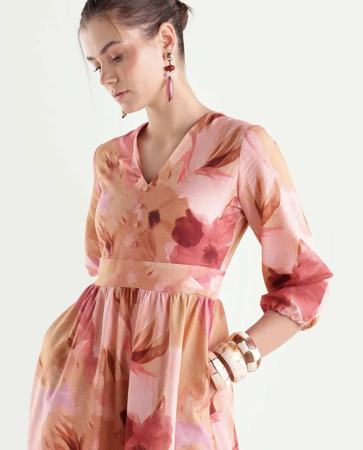 Rareism Women's Futox Multi Cotton Button And Zip Fit And Flare Floral Print Dress