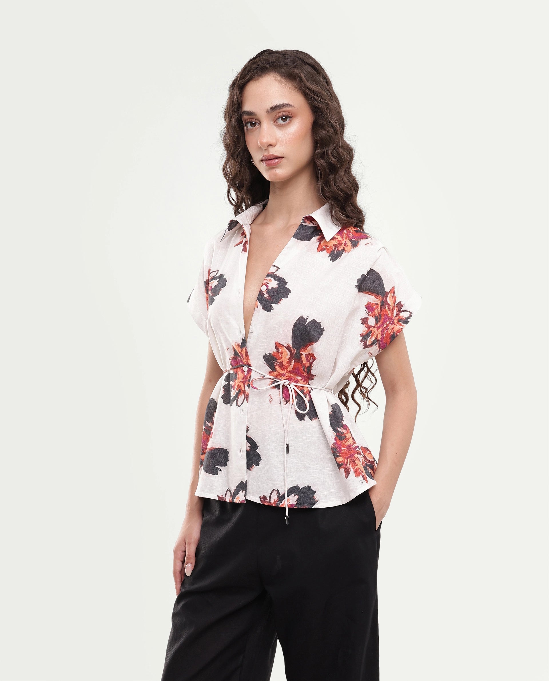 Rareism Women's Inassa Beige Floral Cotton Relaxed Short Sleeves Top