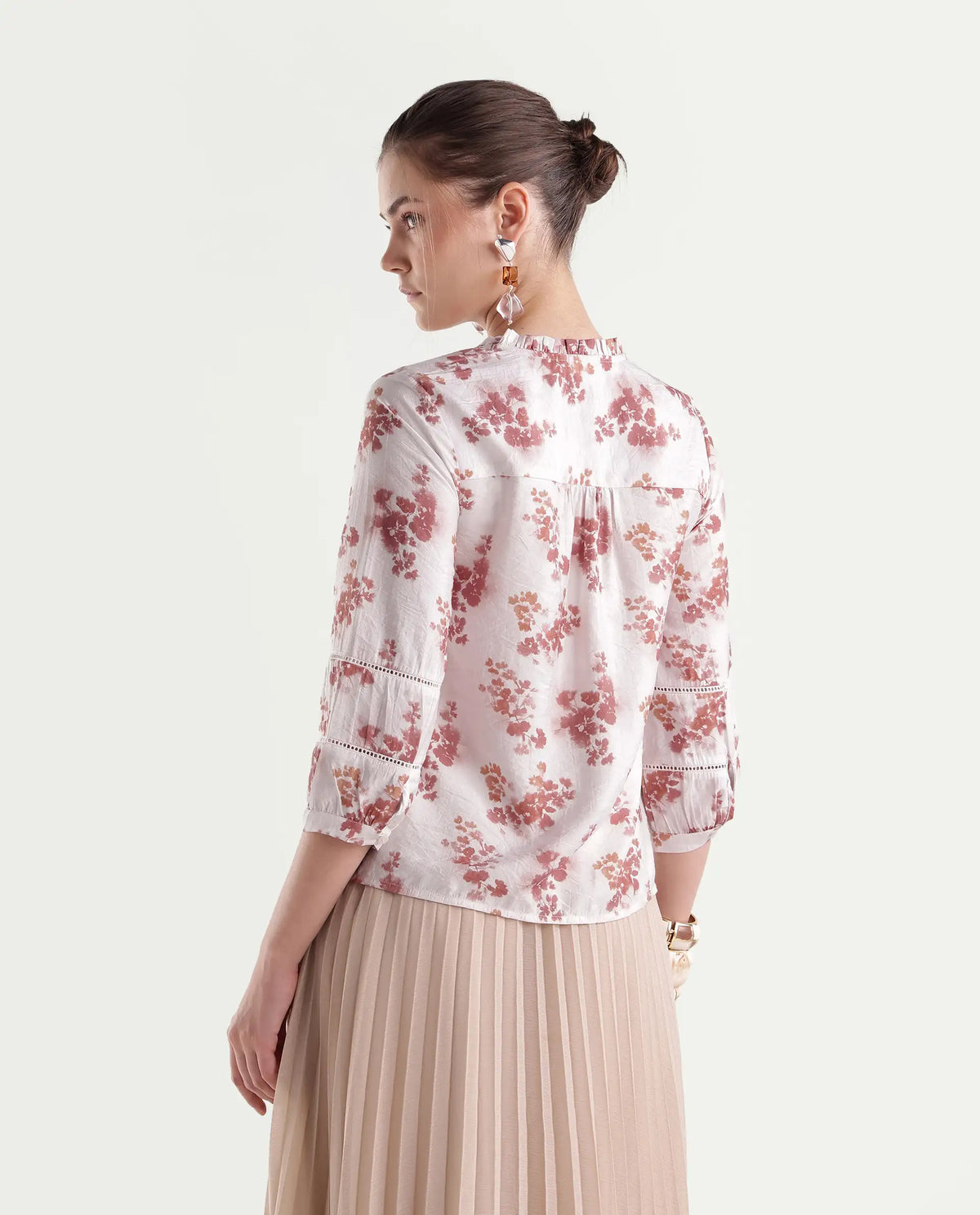 Rareism Women's Ivora Off White Viscose Blend Button Regular Fit Floral Print Top